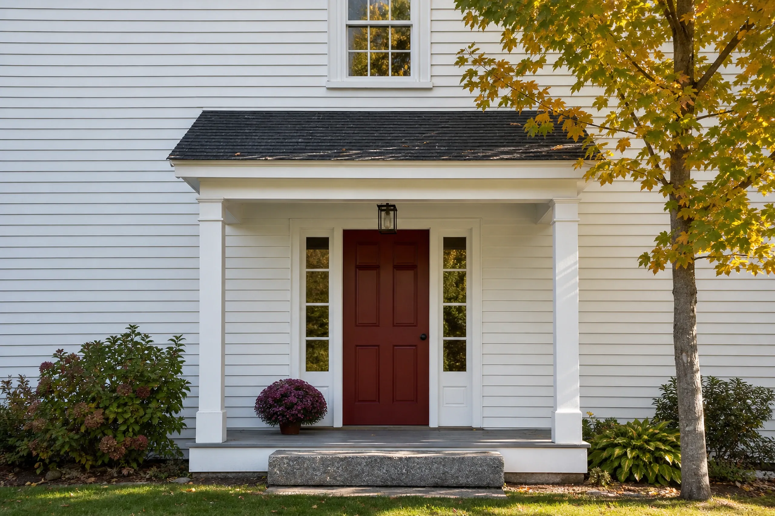 Repaired siding farmhouse entry in the Lewiston-Auburn area: Shot vertically, the front entry of a re-sided farmhouse, repaired white clapboards matching the old ones around a barn-red door with two narrow sidelights, a worn granite step, a pot of purple mums and one maple just turning, crisp early-autumn light.