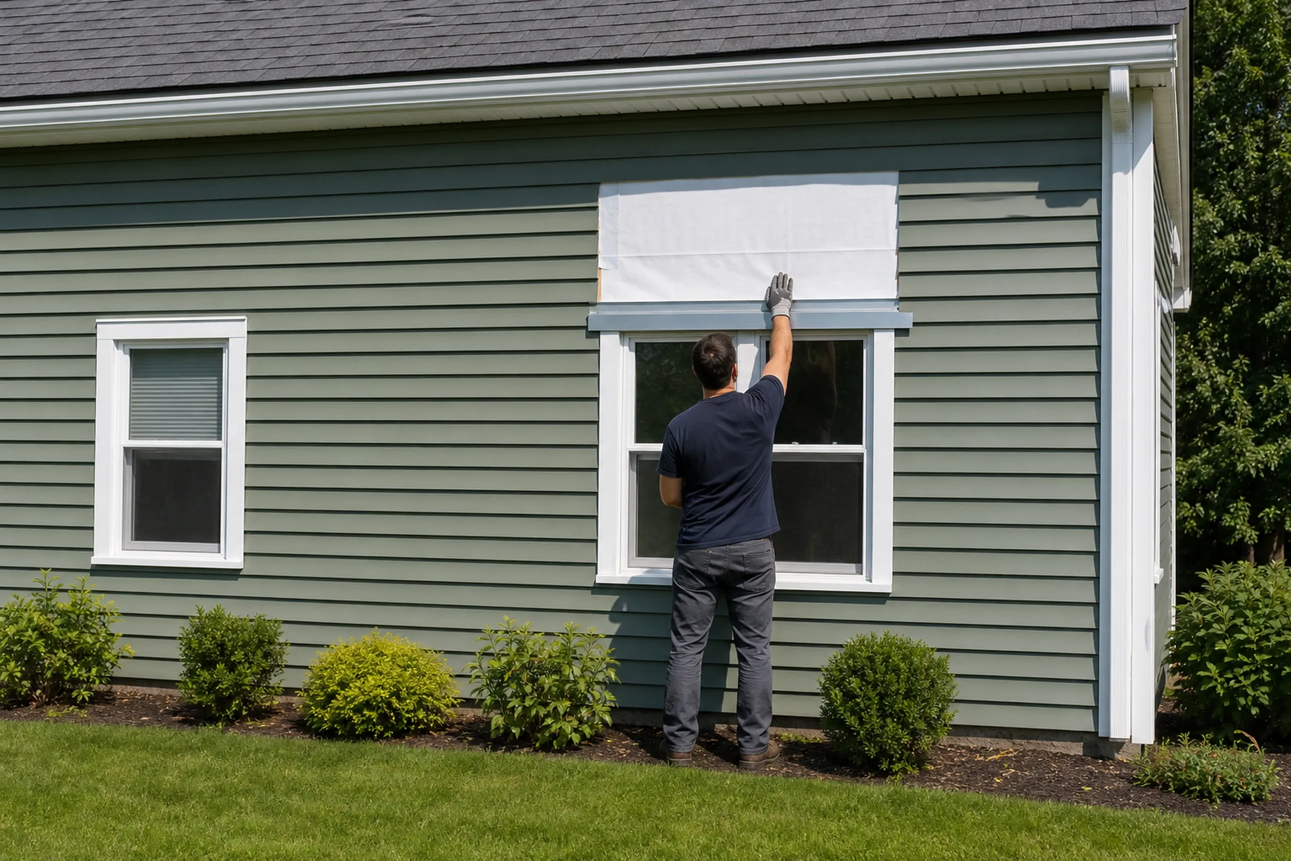 Window head repair on a central Maine colonial: a few courses of green vinyl removed above a window, new metal head flashing and taped housewrap showing, one gloved hand pressing the tape flat, midsummer.