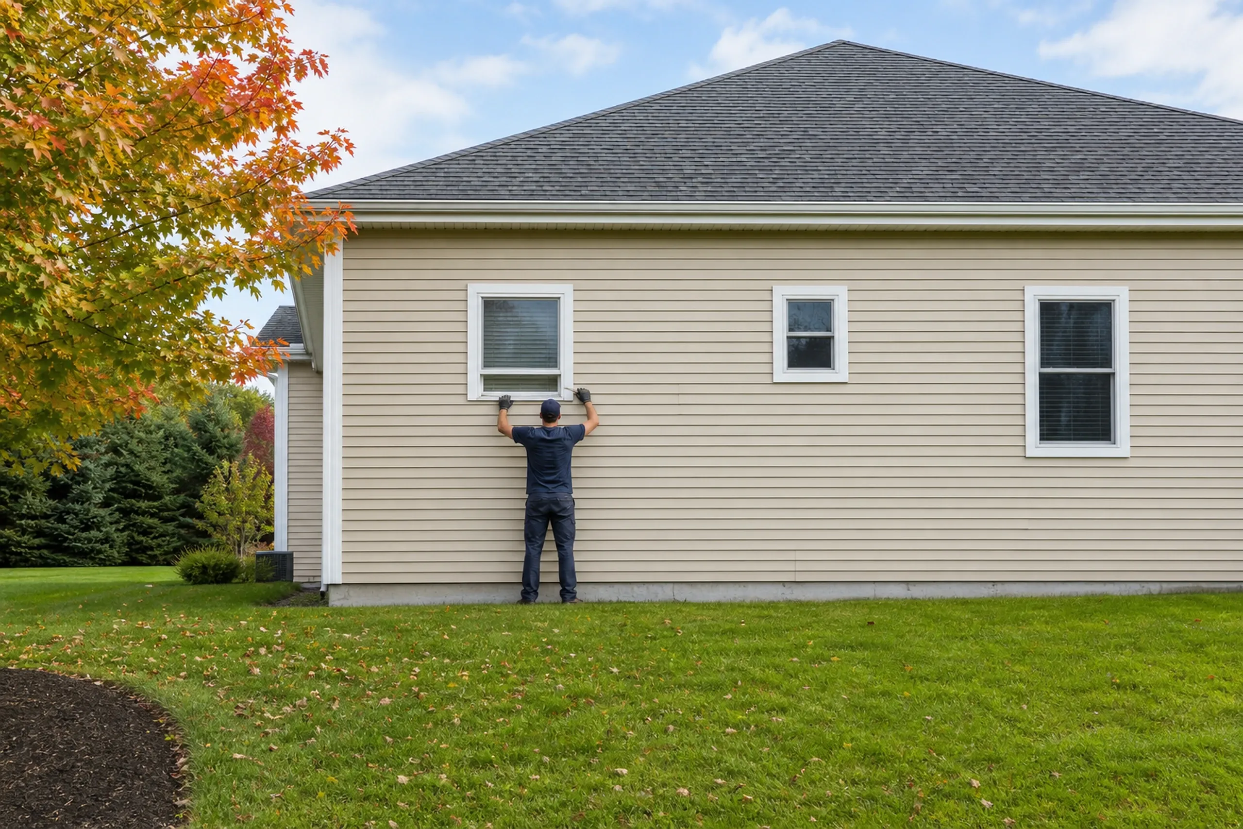 Vinyl panel repair on a central Maine raised ranch: one installer seen from behind holding the course above open with a zip tool while a new beige vinyl panel locks into place, early fall.