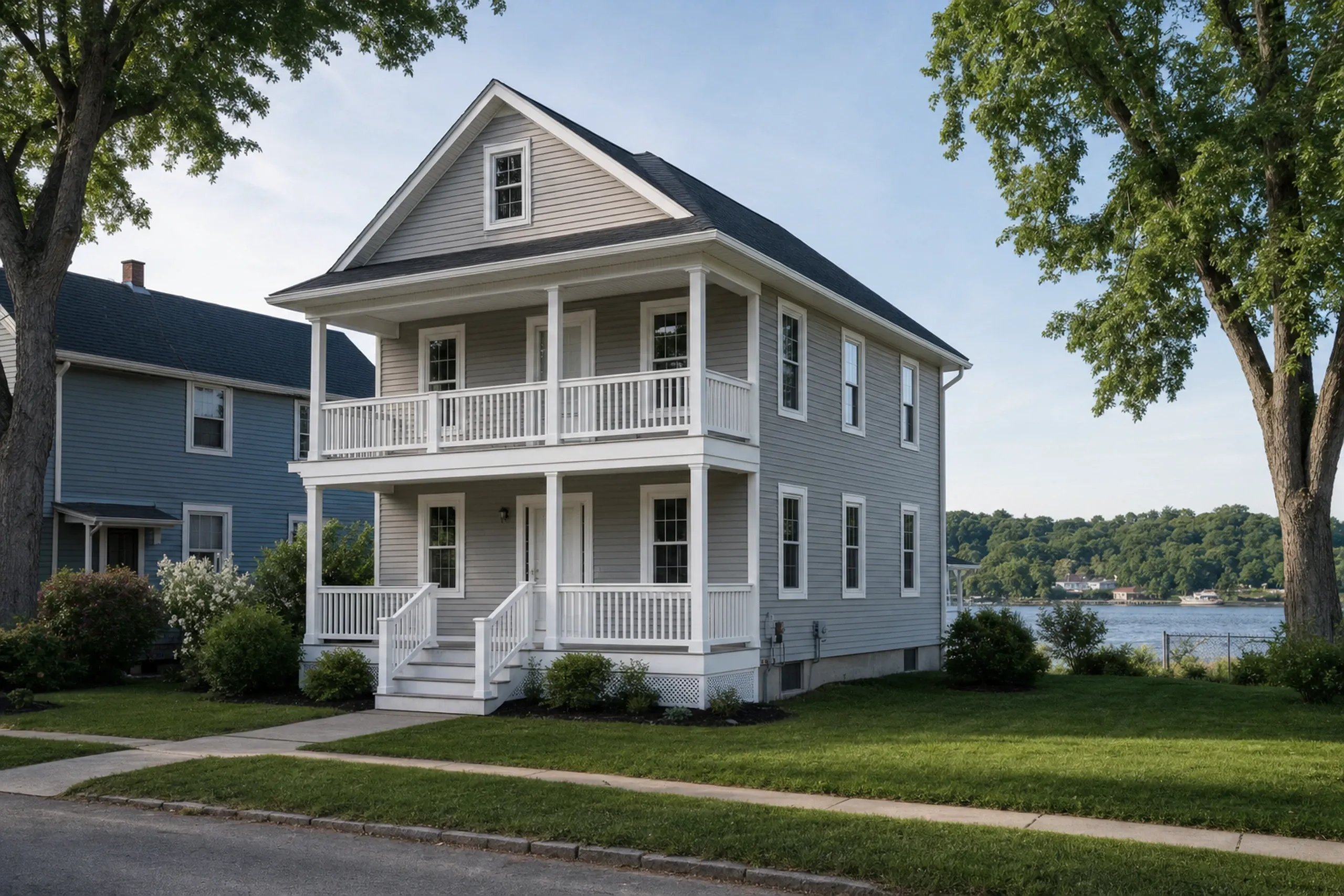 Siding replacement in Auburn, ME: a two-and-a-half-story wood-frame two-family house near the Androscoggin River finished in new pale gray vinyl lap siding, crisp white corner boards and window trim, stacked front porches with white railings, early summer.