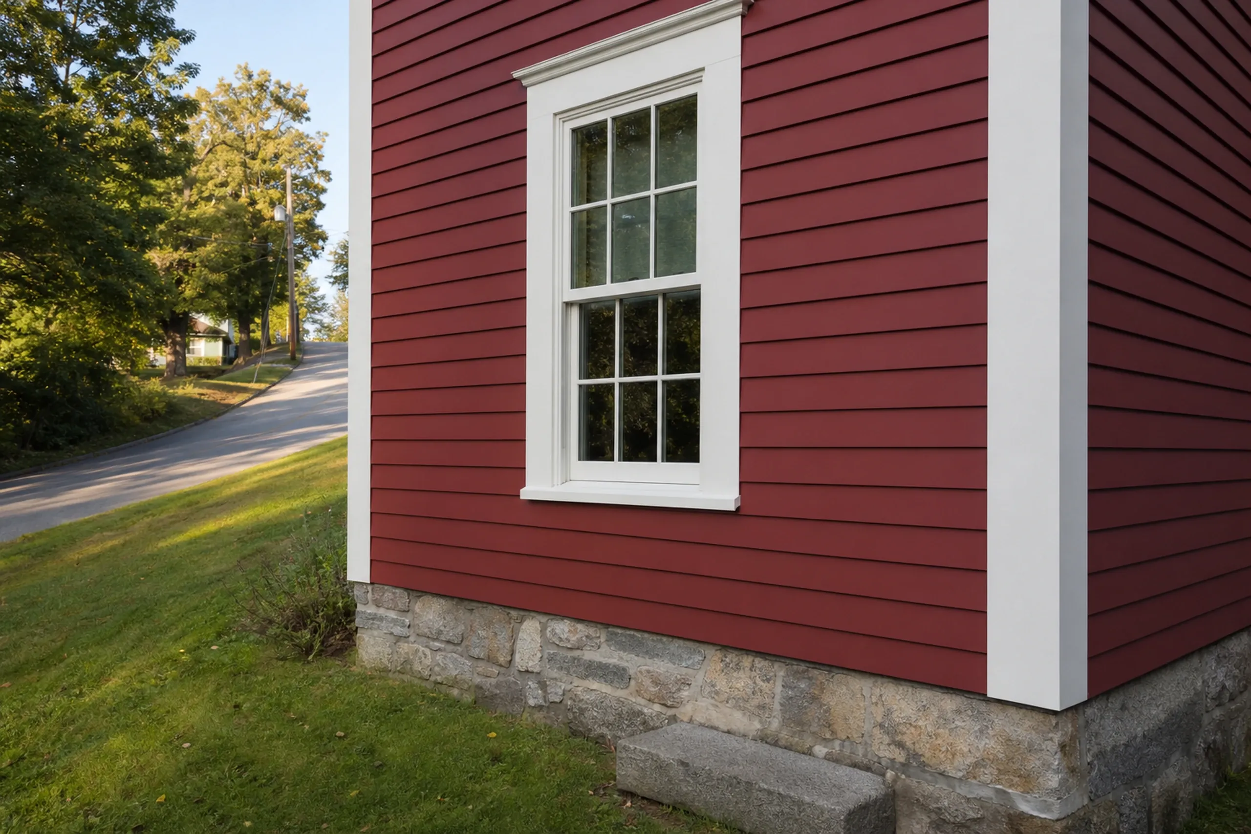 LP lap siding on an older Auburn single-family home: close view of a corner where painted engineered wood lap boards in deep brick red meet a wide white corner board and window casing on a pre-1940 house on a hillside street, late summer.