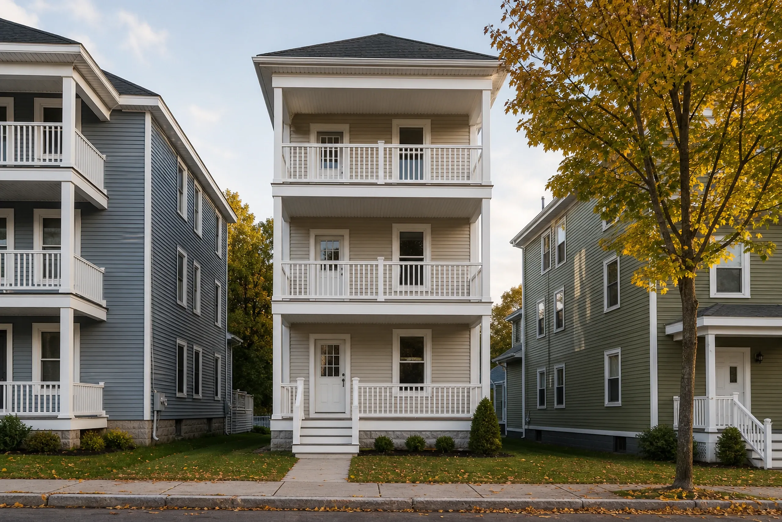 Vinyl siding on an Auburn three-unit house: a three-story wood-frame house on a narrow city lot with finished putty-colored vinyl lap siding, white corner posts and window trim, three stacked porches across the front, early fall.