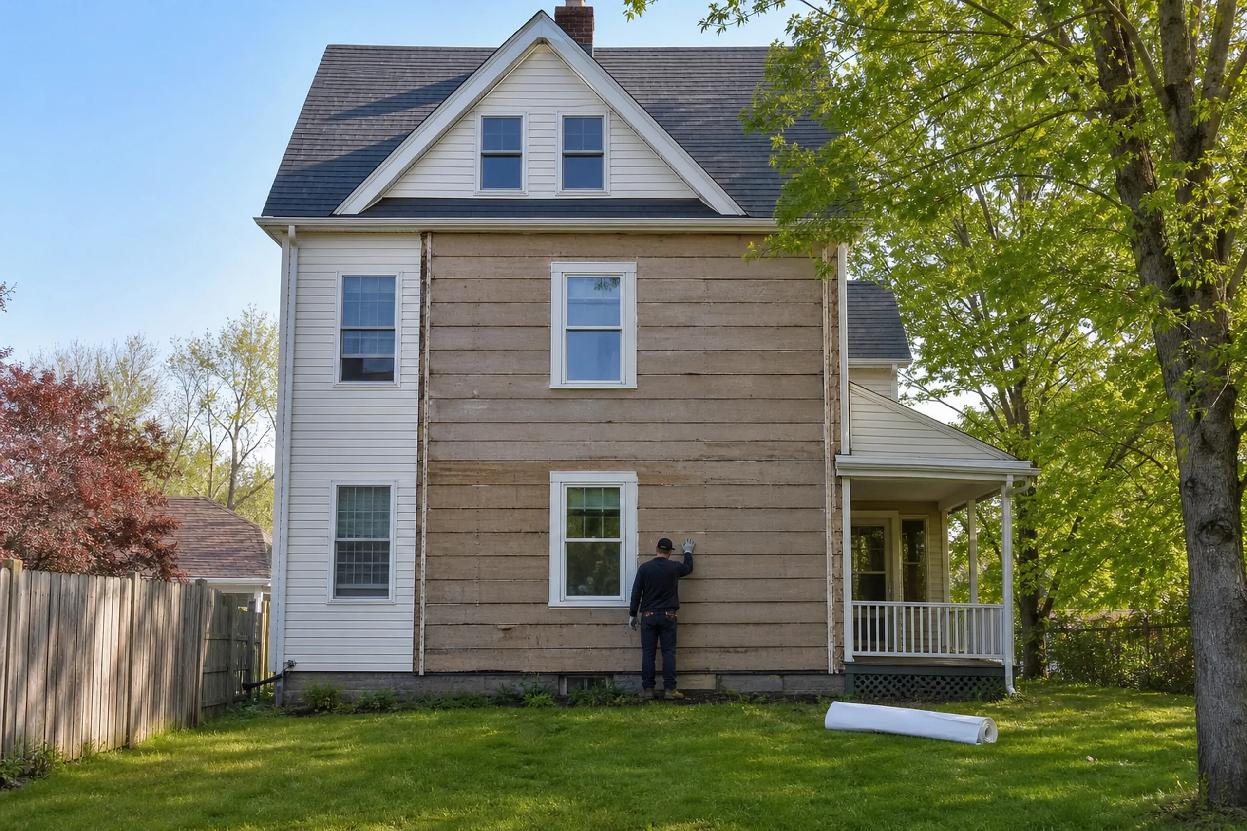 Auburn sheathing check on a stripped wall: one installer seen from behind, pressing a gloved hand against the board sheathing under a window on a two-family house with its old siding off along one side, a roll of plain unmarked housewrap on the ground, late spring.
