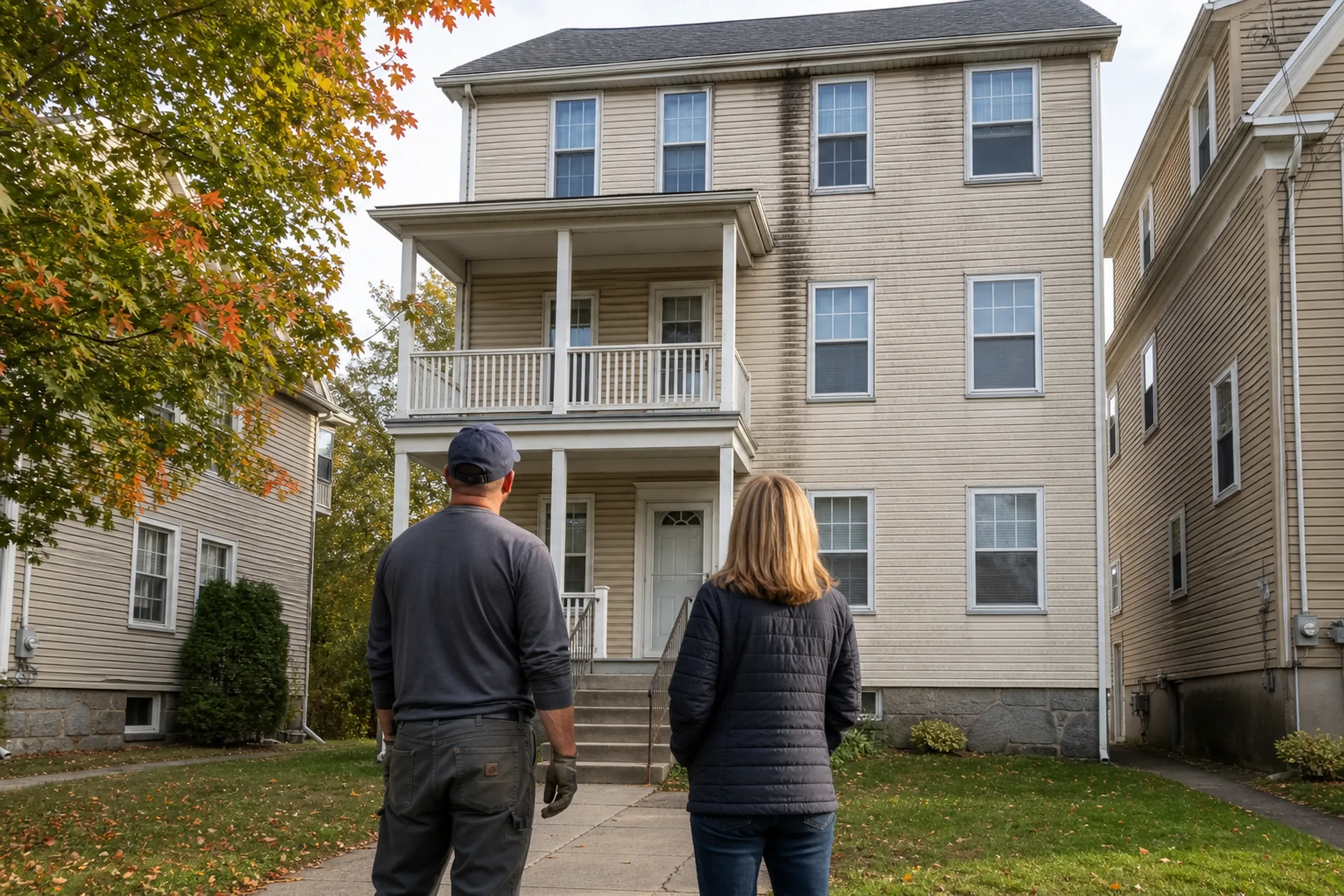 Auburn siding first visit at a New Auburn triple-decker: In crisp early-autumn light, two people, a siding installer and a homeowner, seen from behind, stand on the front walk of a narrow mill-era triple-decker and look up at old vinyl siding gone chalky and cracked, with a dark drip stain running below the third-floor windows.
