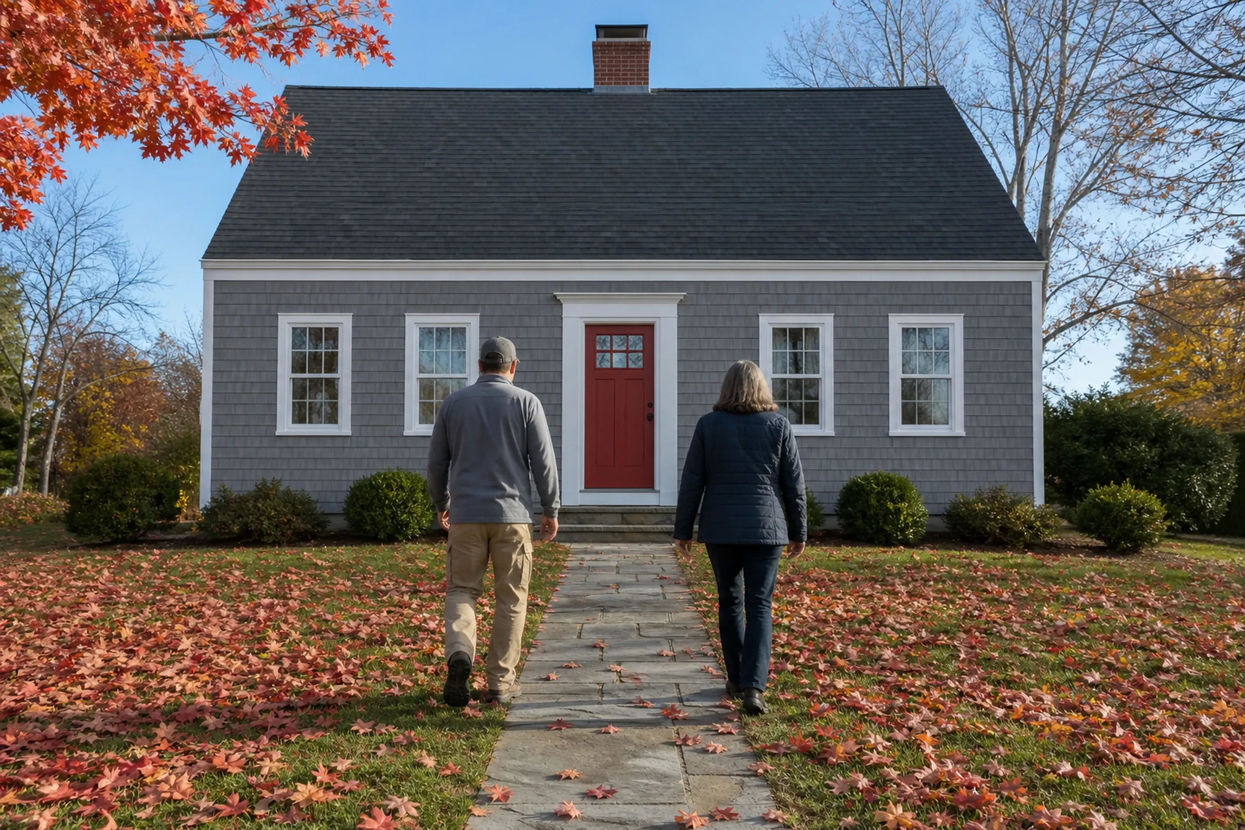 Auburn siding final walkaround at a 1950s cape: In cool clear October morning light, two people, a siding installer and a homeowner, seen from behind, walk up the front path of a re-sided 1950s cape finished in soft gray cedar shingles with white trim and a red front door, red maple leaves scattered across the lawn.