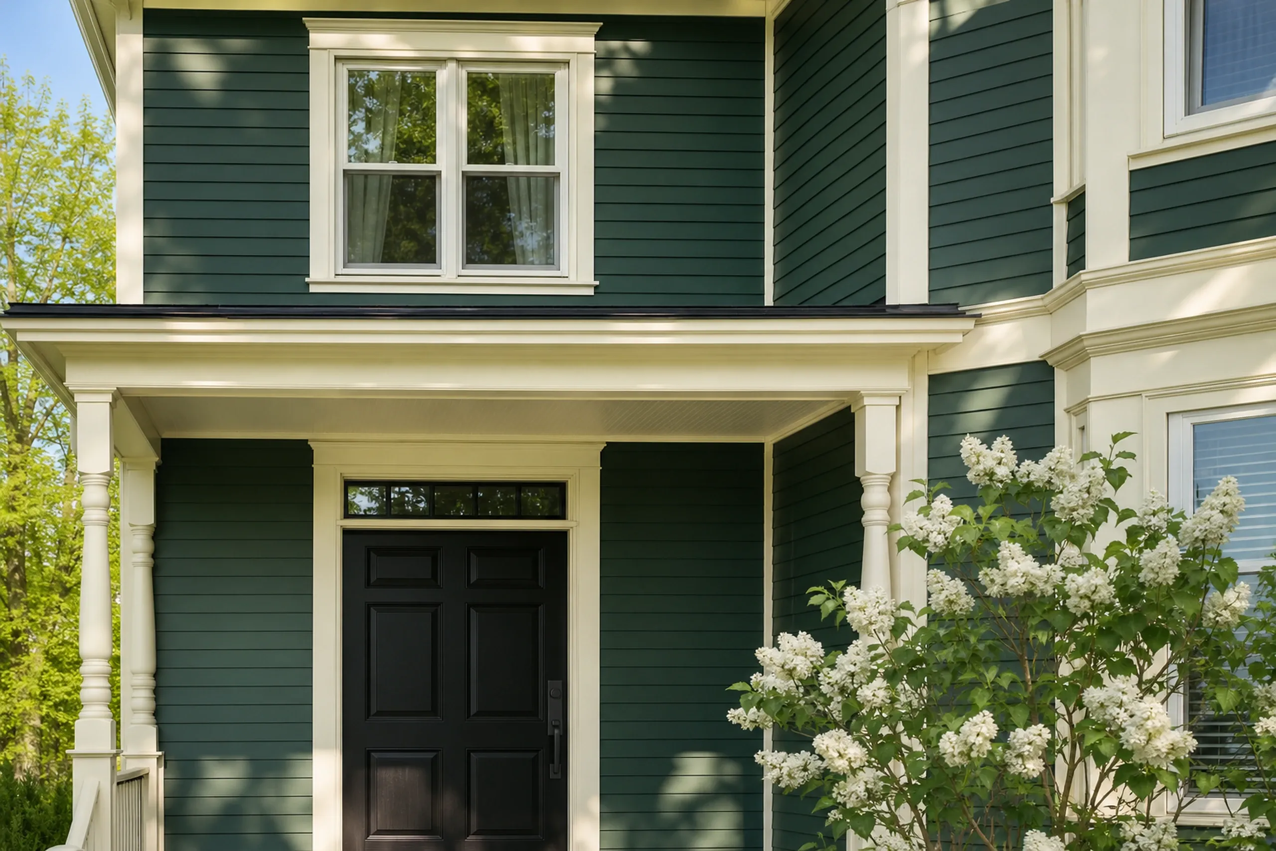 Auburn re-sided Victorian front entry: The front entry of a re-sided Auburn Queen Anne Victorian, shot vertically, deep spruce-green LP lap siding with cream trim around a heavy paneled black door and a transom window, a granite step and white lilacs in bloom beside the porch, clear late-spring morning light.