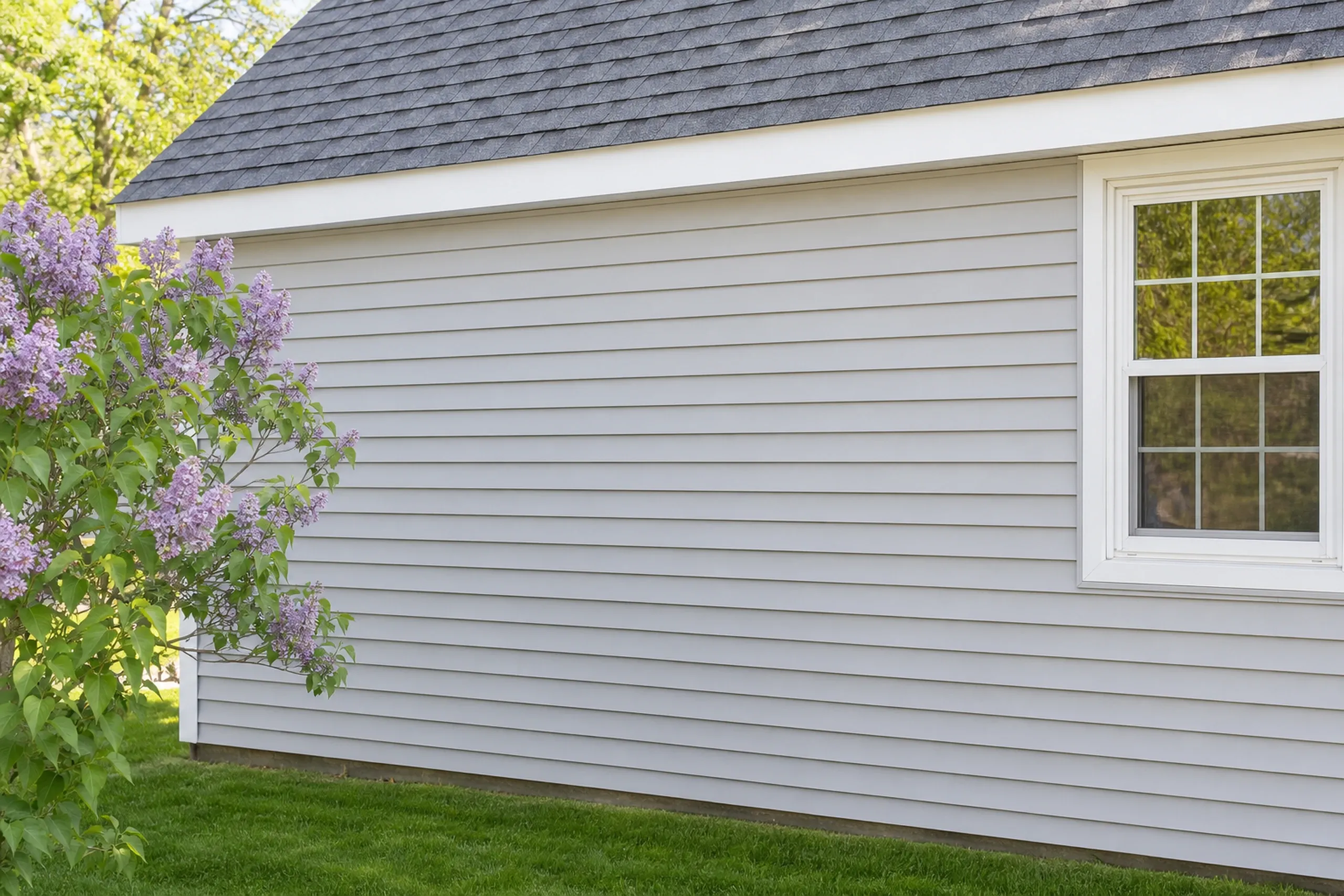 Siding repair under a Bowdoin, ME eave: a short repaired run of light gray vinyl lap siding just below the roof edge of a cape, the new panels matching the profile and nearly the color of the older wall around them, fresh white fascia above, late spring.