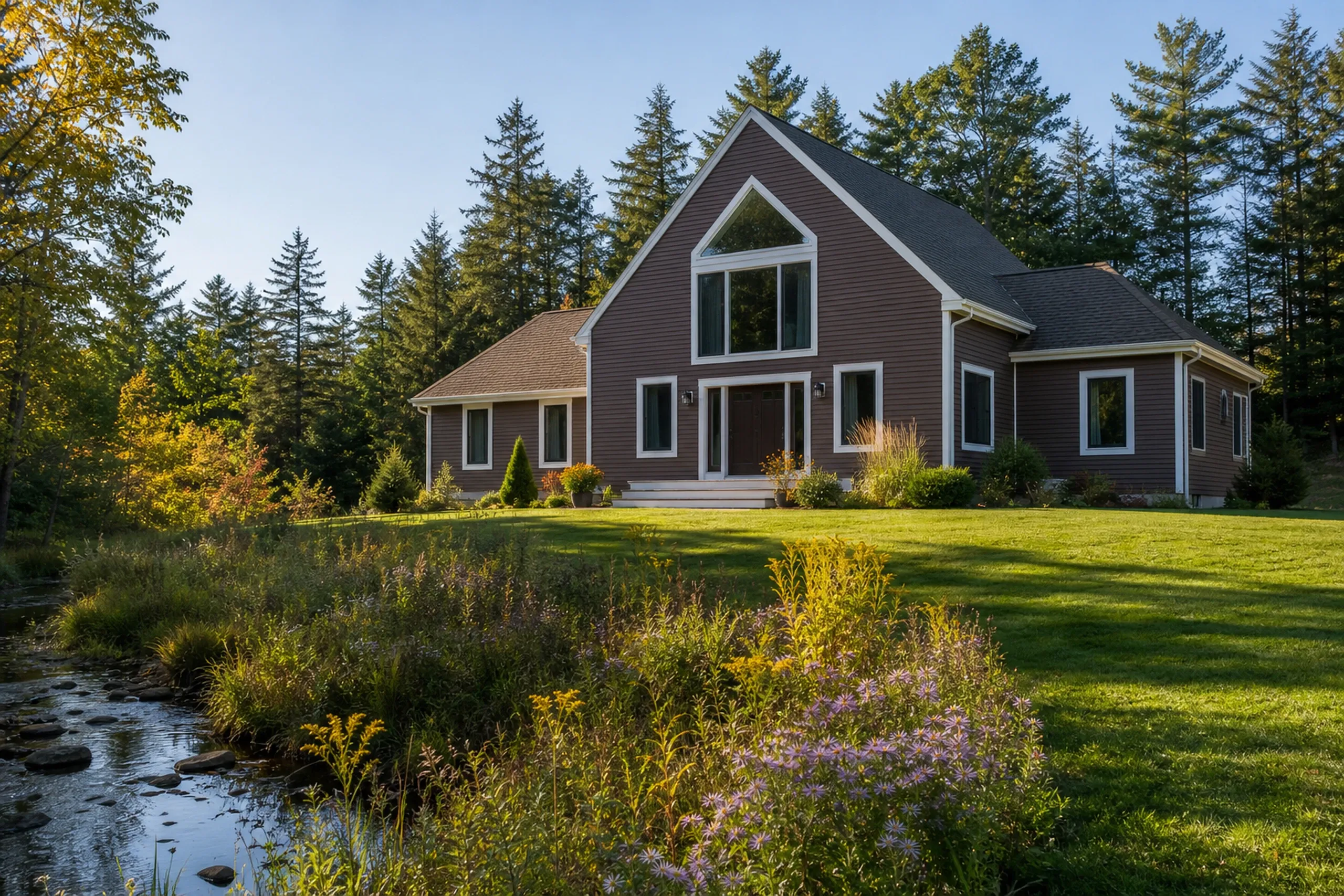 Re-sided Bowdoin 1980s contemporary in early autumn: A re-sided 1980s contemporary house with a tall front gable and a large picture window, walnut-brown vinyl lap with white trim, hemlocks behind, a meadow sloping toward a stream, goldenrod and asters along the edge of the lawn, crisp early-autumn light.