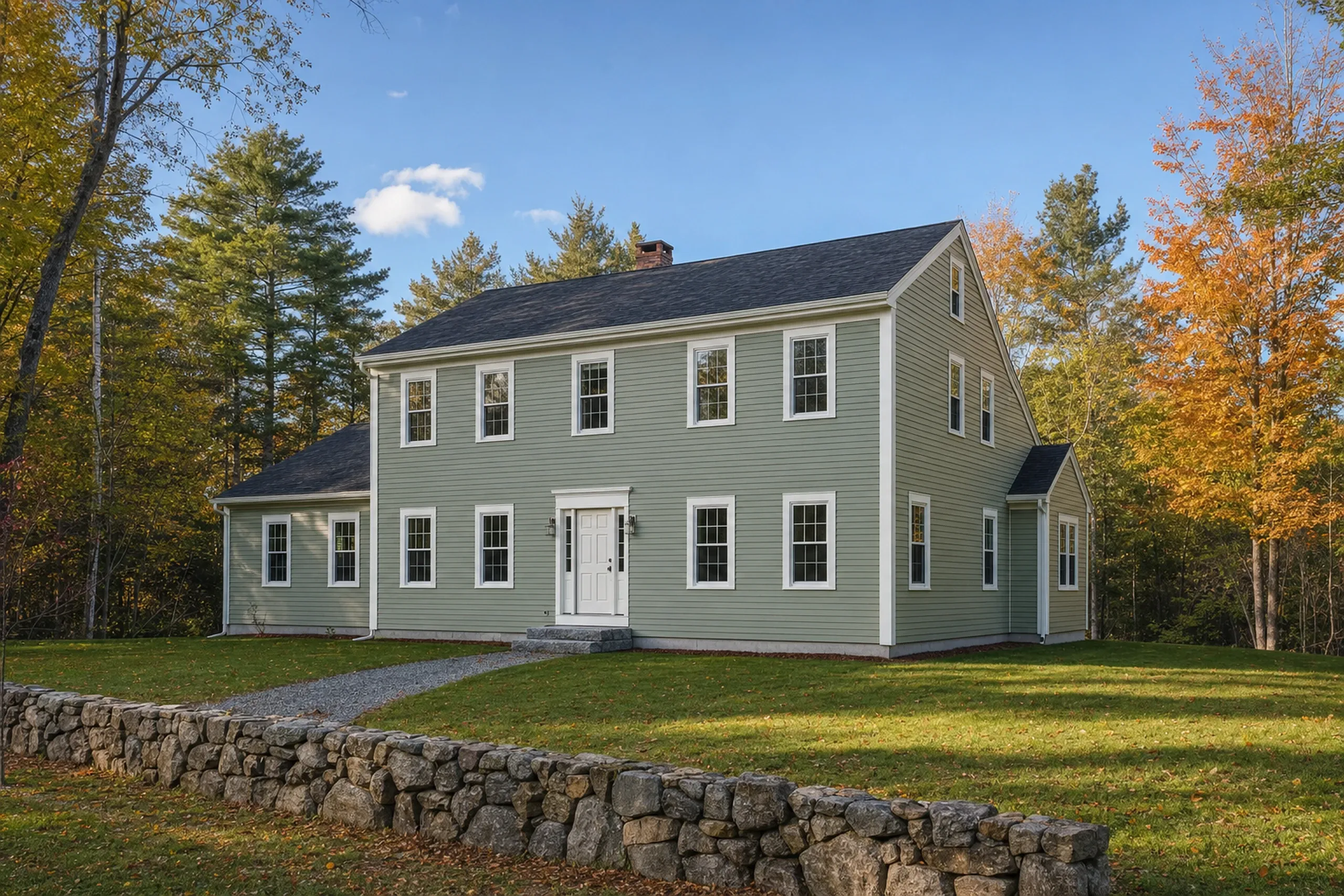 Siding replacement in Bowdoin, ME: a 1980s two-story colonial on a wooded rural lot, finished in pale sage-green vinyl lap siding with crisp white corner posts and window trim, a low fieldstone wall along the lawn and maples turning orange, early fall afternoon.