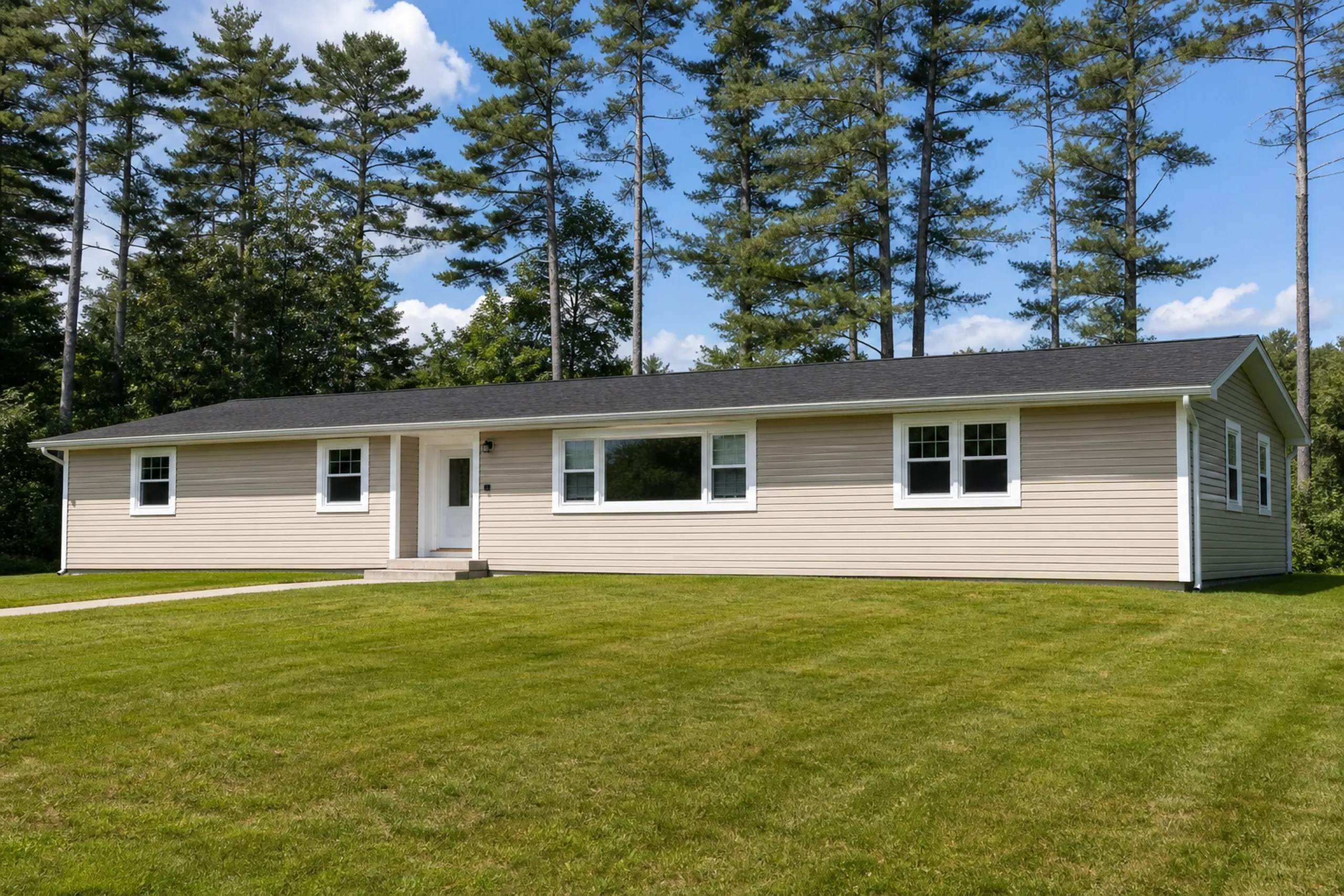 Vinyl siding on a Bowdoin, ME ranch: a 1970s single-story ranch finished in clay-beige vinyl lap siding with white corner posts and white trim around the windows, a mowed lawn and tall white pines behind the house, midsummer.
