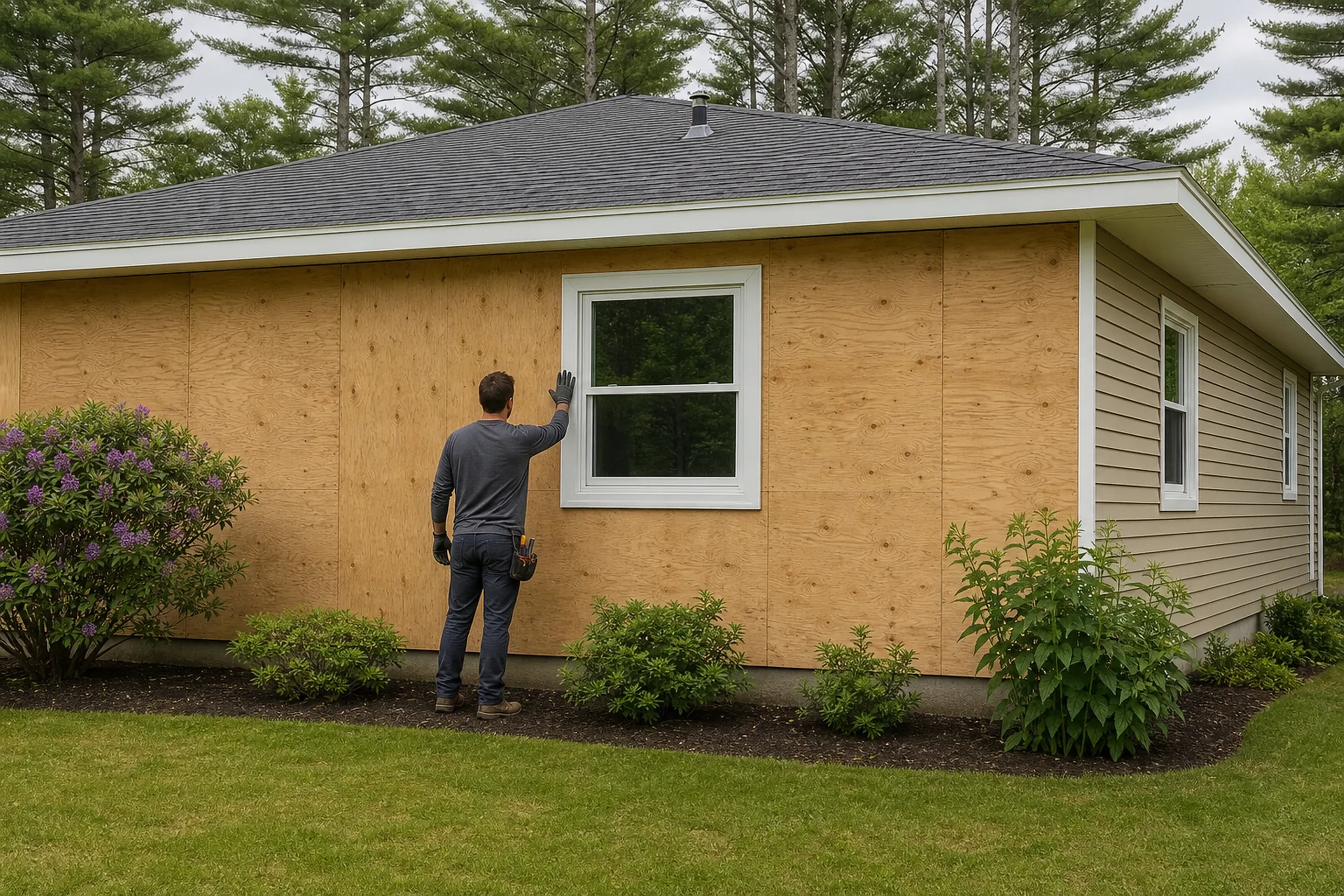 Bowdoin, ME sheathing check on a stripped wall: one installer seen from behind, pressing a gloved palm against the plywood sheathing under a window on a ranch wall stripped of its old siding, the next wall still in faded tan vinyl, overcast late spring.