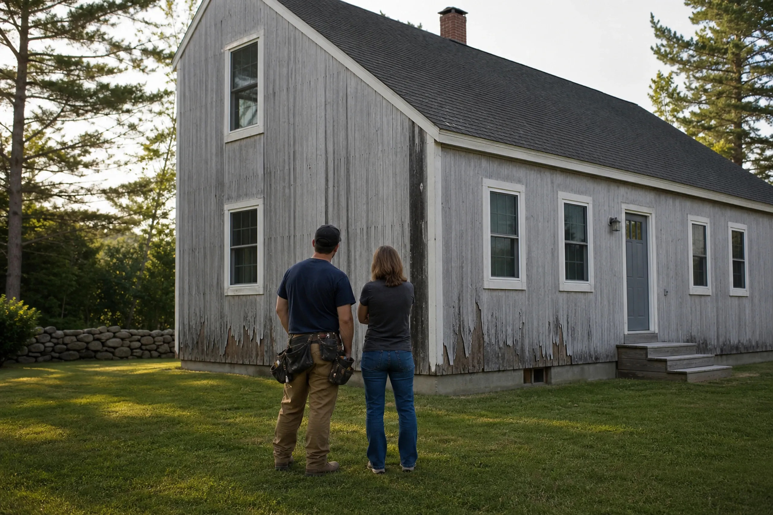 Bowdoin siding first visit at a 1980s saltbox: In warm late-afternoon summer light, two people, a siding installer and a homeowner, seen from behind, stand on the lawn before a 1980s saltbox-style house and study grooved plywood siding swollen at its lower edge, peeling gray stain and a dark streak below the corner.