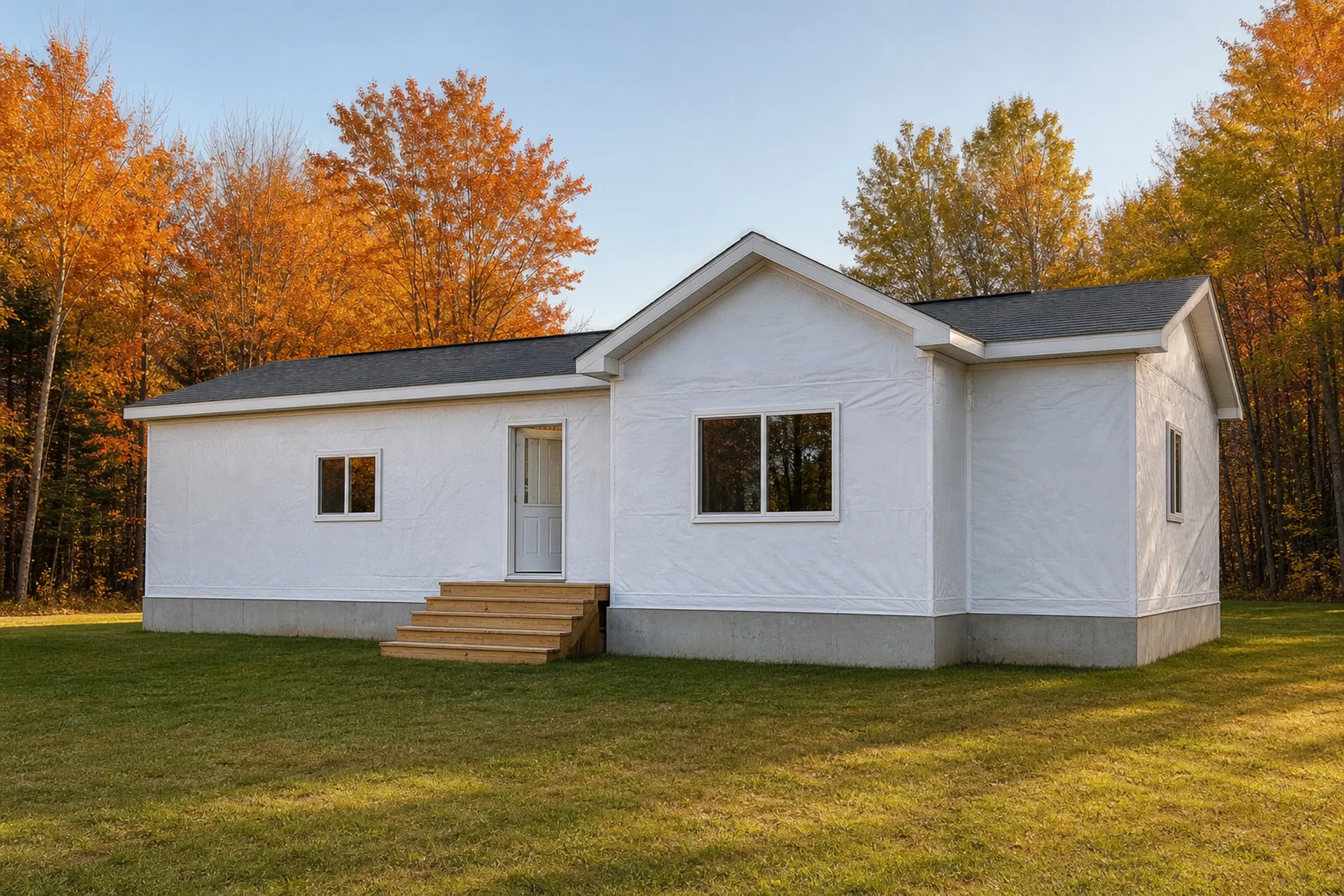 Bowdoin J-channel and window trim on a manufactured home: A double-wide manufactured home on a permanent foundation with its wall in-progress at the J-channel and window trim stage, crisp white J-channel set around two window openings over plain white housewrap, maples at full orange beyond, cool clear October morning light.