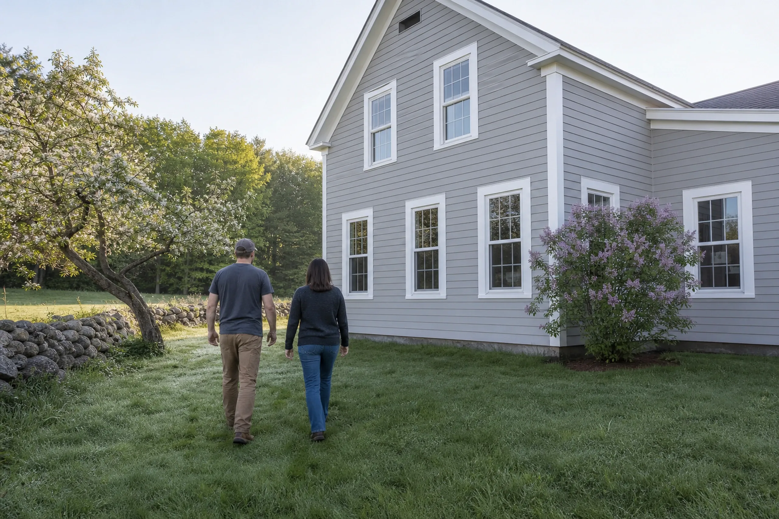Bowdoin siding final walkaround at an old farmhouse: On a clear late-spring morning, two people, a siding installer and a homeowner, seen from behind, walk the dewy side yard of a re-sided pre-1940 farmhouse finished in dove-gray LP lap with white corner boards and trim, a lilac in bloom and an old apple tree in white blossom beside a stone wall.