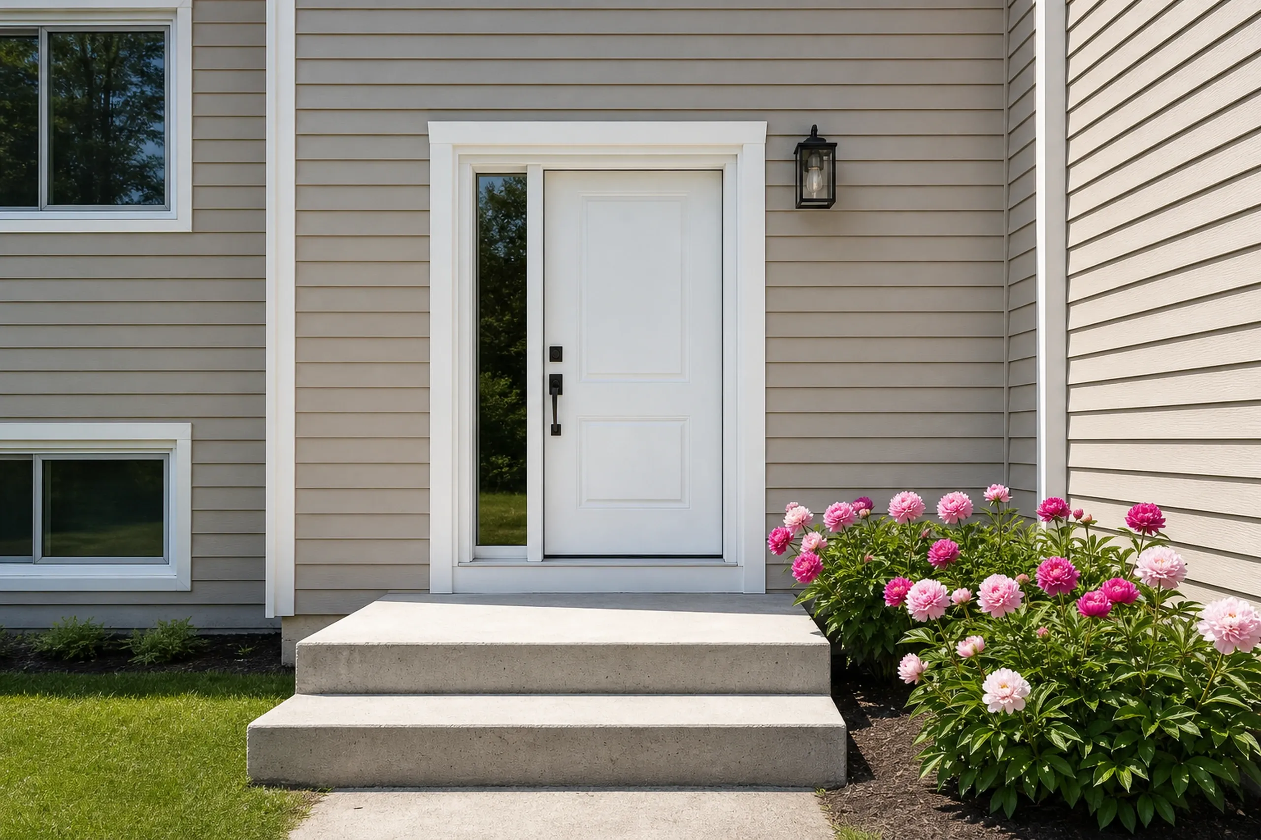 Bowdoin re-sided split-level front entry: The front entry of a re-sided 1980s split-level, sandstone-colored LP lap around a white door with a tall sidelight, two wide concrete steps, white trim and a bed of peonies in bloom beside them, bright early-summer afternoon light, framed vertically and seen straight on.