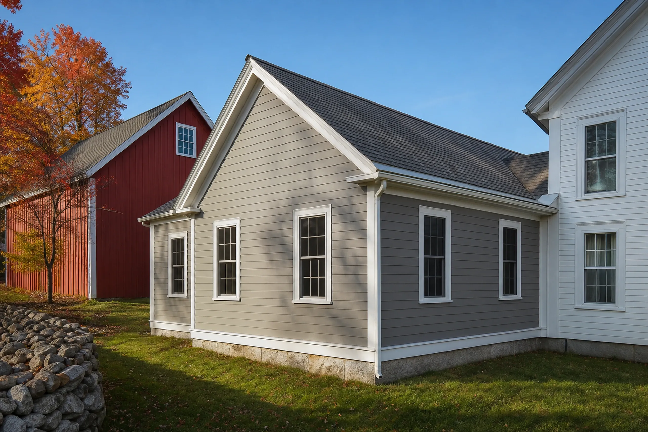 LP SmartSide on a Buckfield farmhouse ell: painted warm-gray engineered wood lap with white trim on the ell joining a farmhouse to its barn, kick-out flashing at the roof, fall.