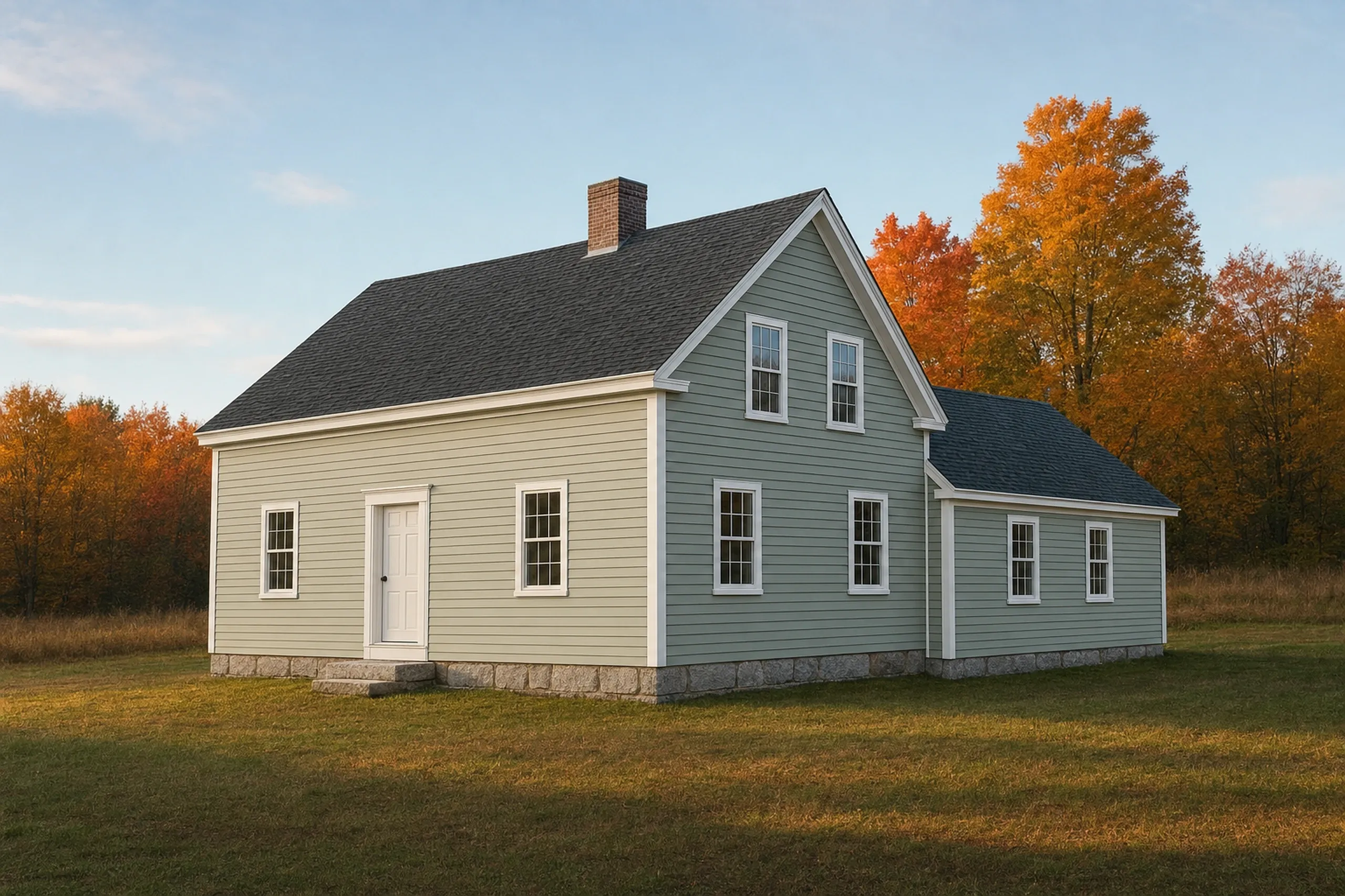 Siding replacement in Buckfield, ME: a Cape with a kitchen ell on a granite foundation in new pale sage vinyl lap siding, crisp white trim, maples and a hayfield behind, fall.