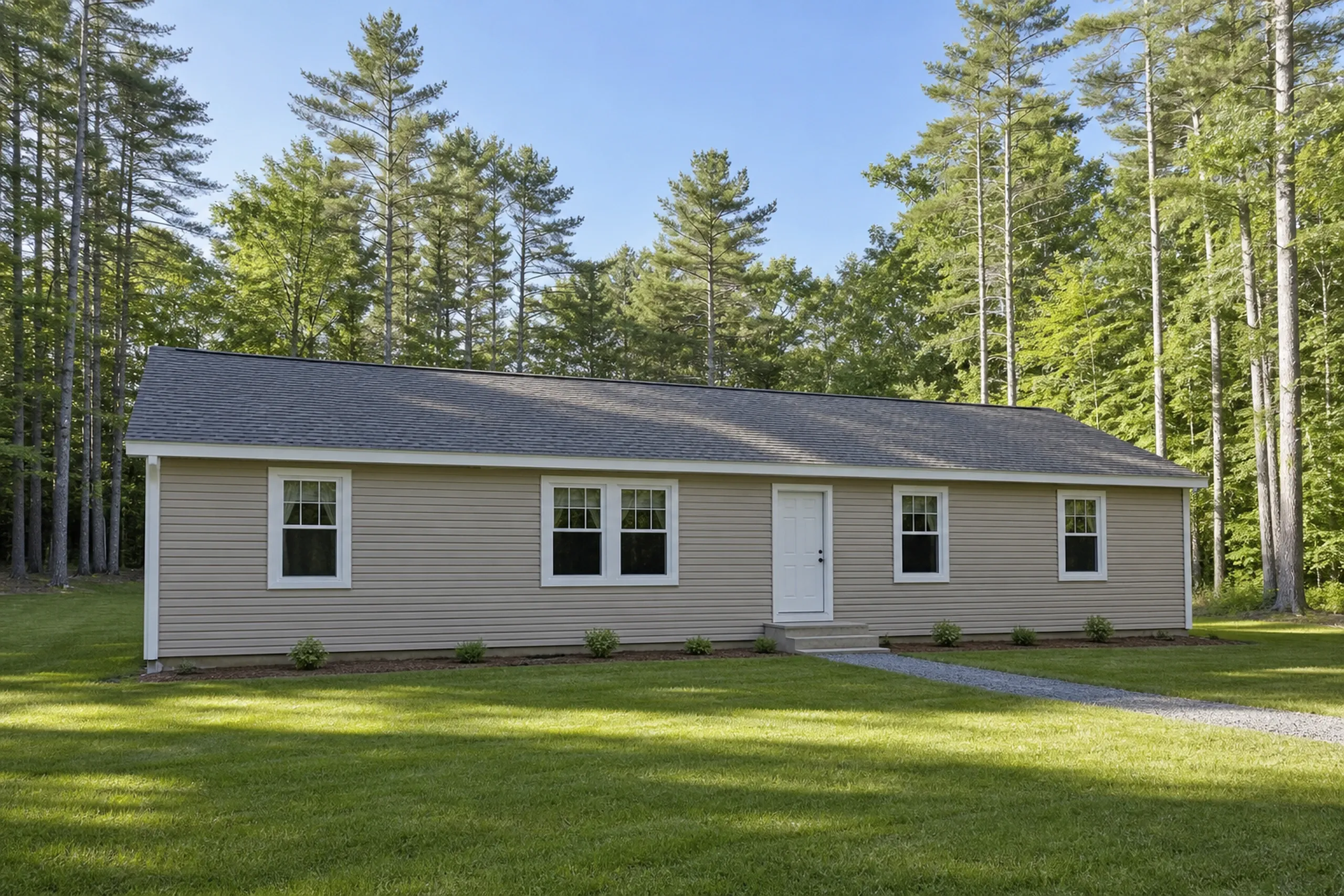Vinyl lap siding on a Buckfield ranch: a 1980s single-story ranch in finished clay-beige vinyl lap, white corner posts and window trim, lawn and white pines, early summer.