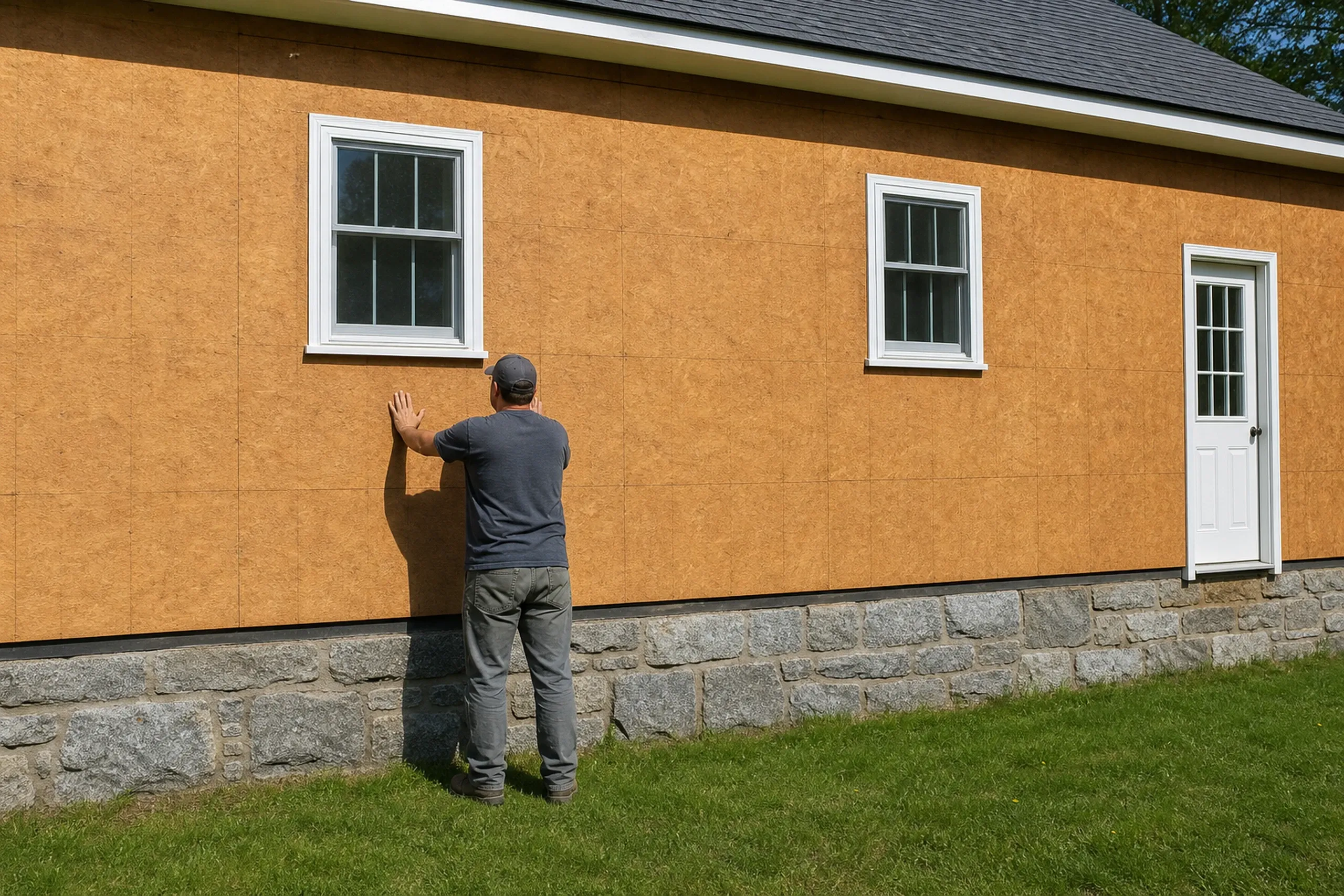 Buckfield sill check on an old Cape: one installer seen from behind, pressing a hand on bare sheathing just above a granite foundation, old siding stripped off, late spring.