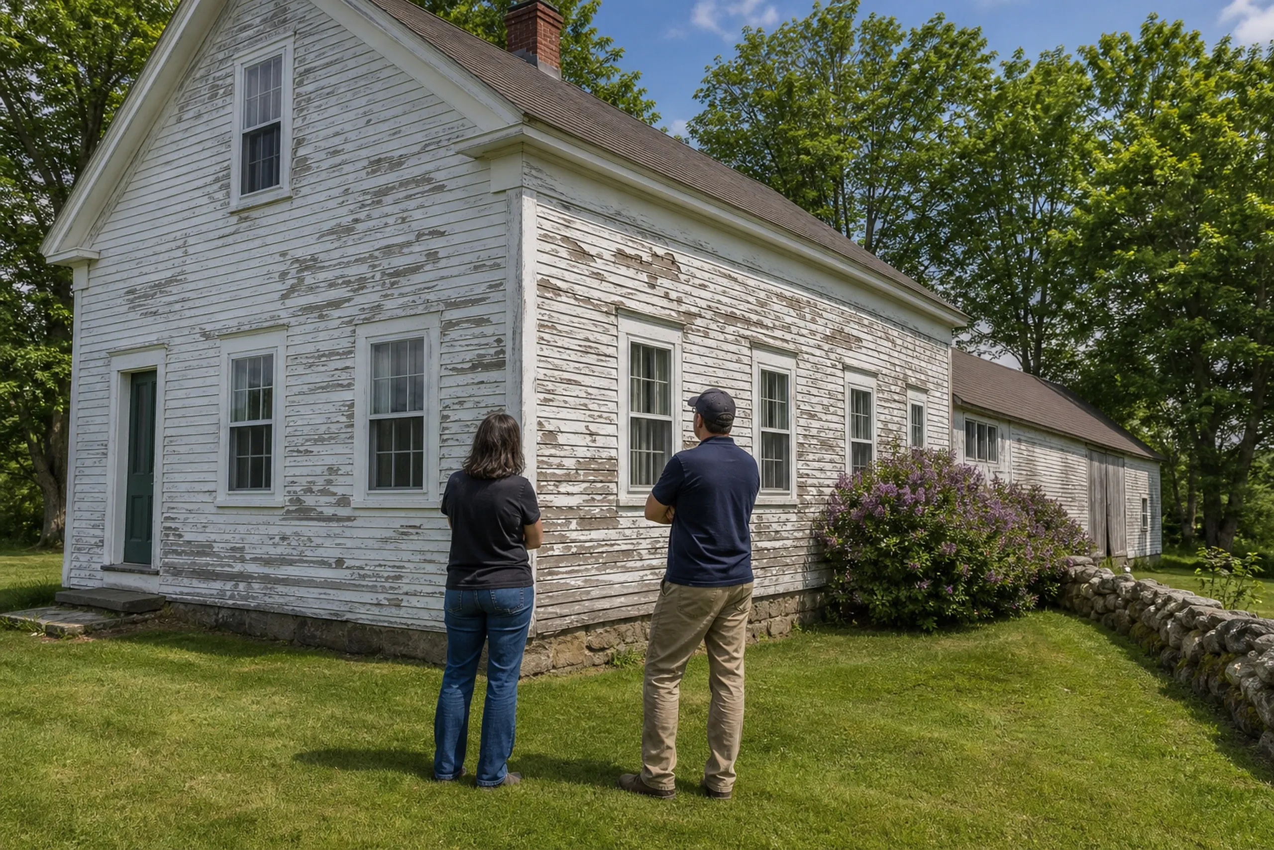 Buckfield siding first visit at a village farmhouse: In bright early-summer afternoon light, two people, a siding installer and a homeowner, seen from behind, stand at the corner of a Buckfield Village farmhouse and study white clapboards gone chalky with paint curling off in strips, gray bare boards low down and a long ell running back to a barn.