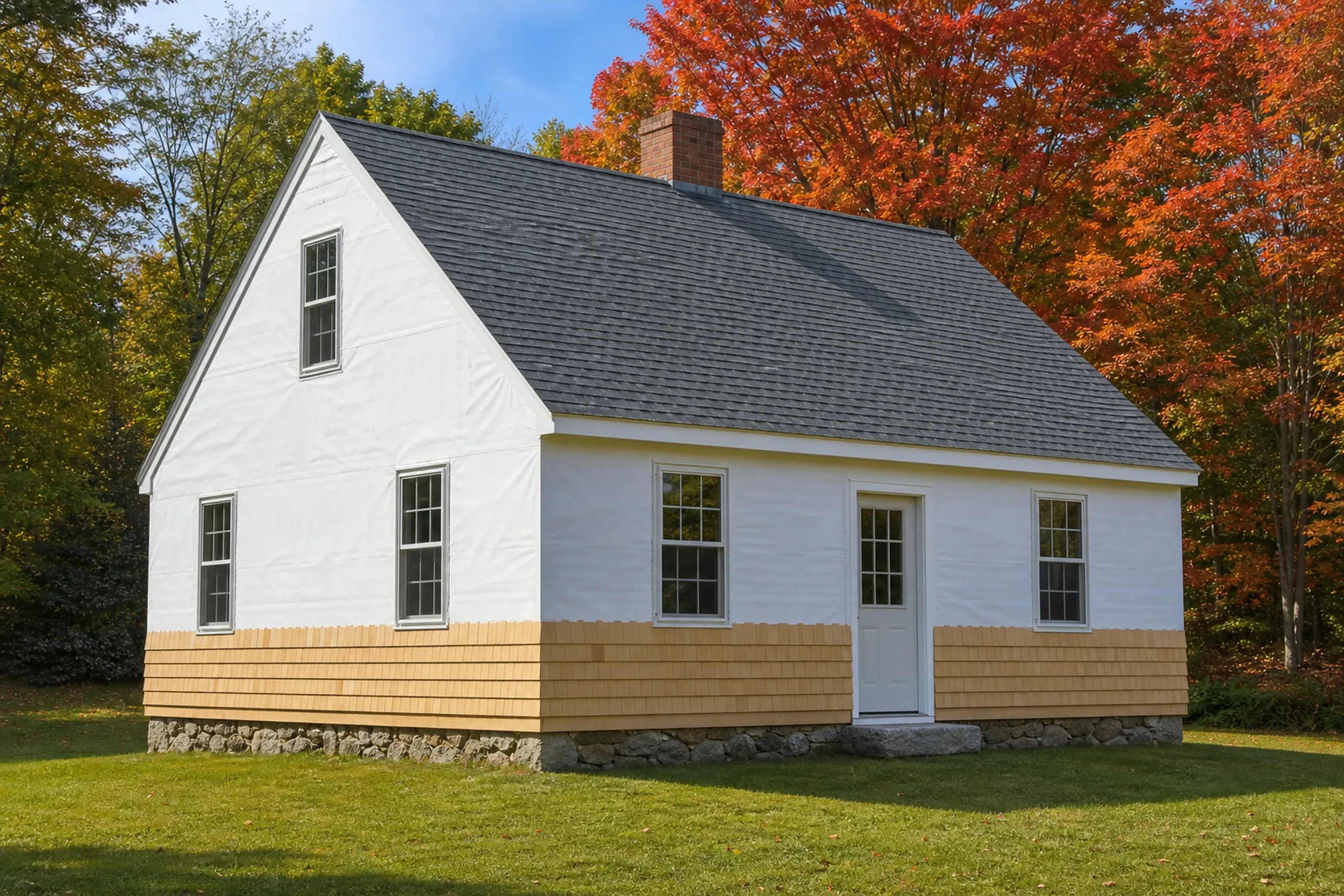 Buckfield first courses of shingles stage on an old Cape: An old story-and-a-half Cape wall in-progress at the first courses of shingles stage, a doubled starter course and three rows of honey-colored cedar shingles nailed along the top of a granite foundation, plain white housewrap covering the wall above, red maple leaves beyond, crisp early-autumn light.