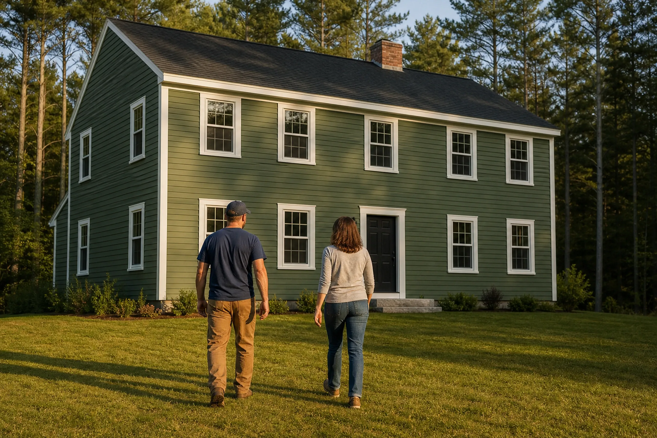 Buckfield siding final walkaround at a 1980s colonial: In warm late-afternoon summer light, two people, a siding installer and a homeowner, seen from behind, walk across the lawn toward a re-sided 1980s two-story colonial finished in deep sage-green LP lap with white corner boards, white window casings and a black front door, white pines behind.