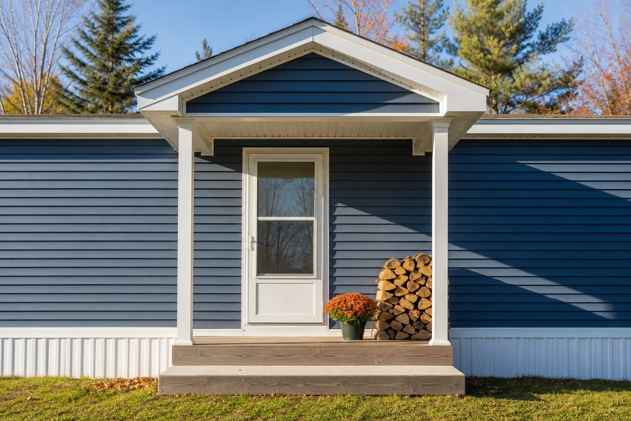 Buckfield re-sided manufactured home front entry: The front entry of a re-sided manufactured home with a small gabled porch, slate-blue vinyl lap siding around a white half-glass door, white corner posts and trim, split firewood stacked beside the door and a pot of orange mums on the step, cool clear October morning light, shot vertically, seen straight on.