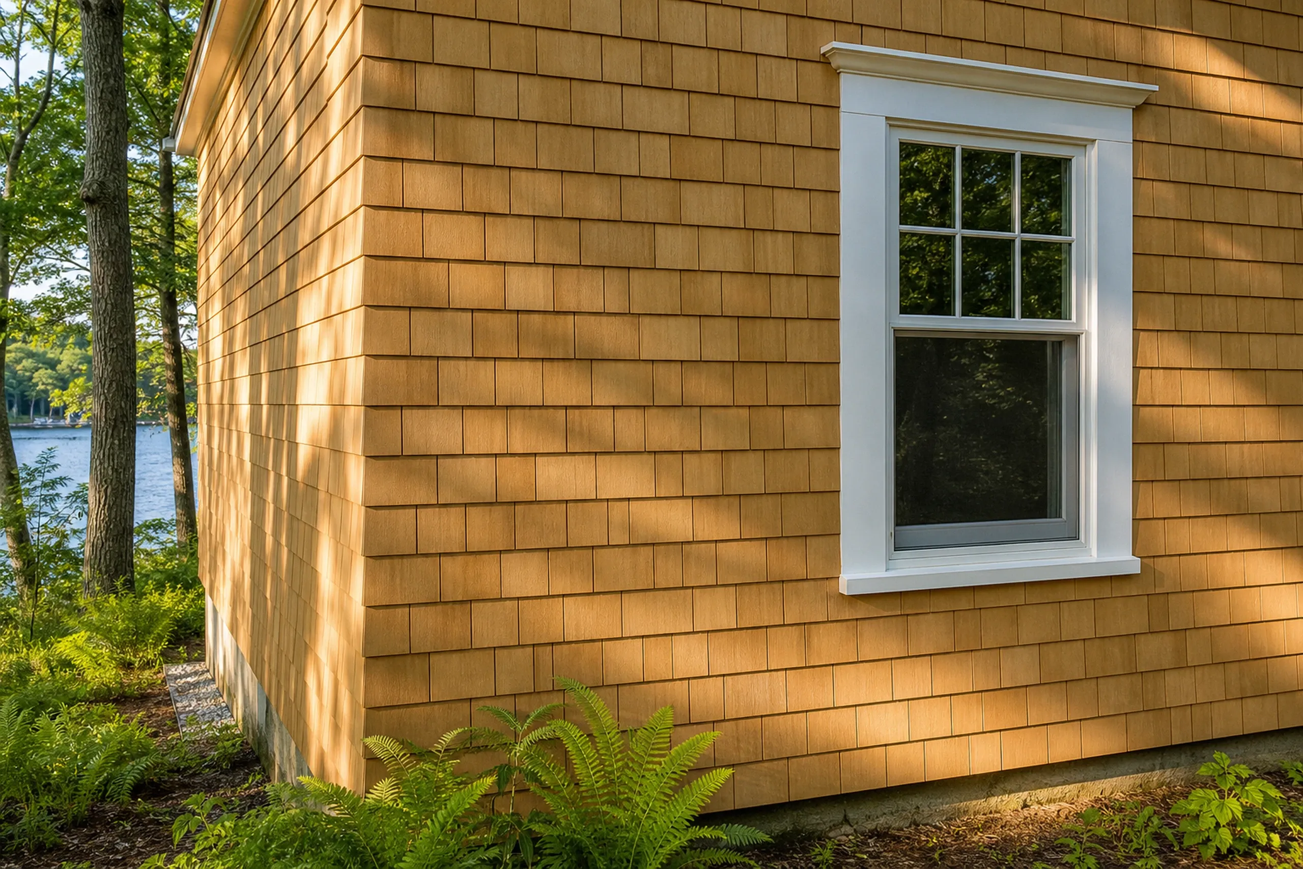 Cedar shingle courses on a Casco cottage: new eastern white cedar shingles going up course by course over housewrap, straight butt lines and a woven corner, early summer.
