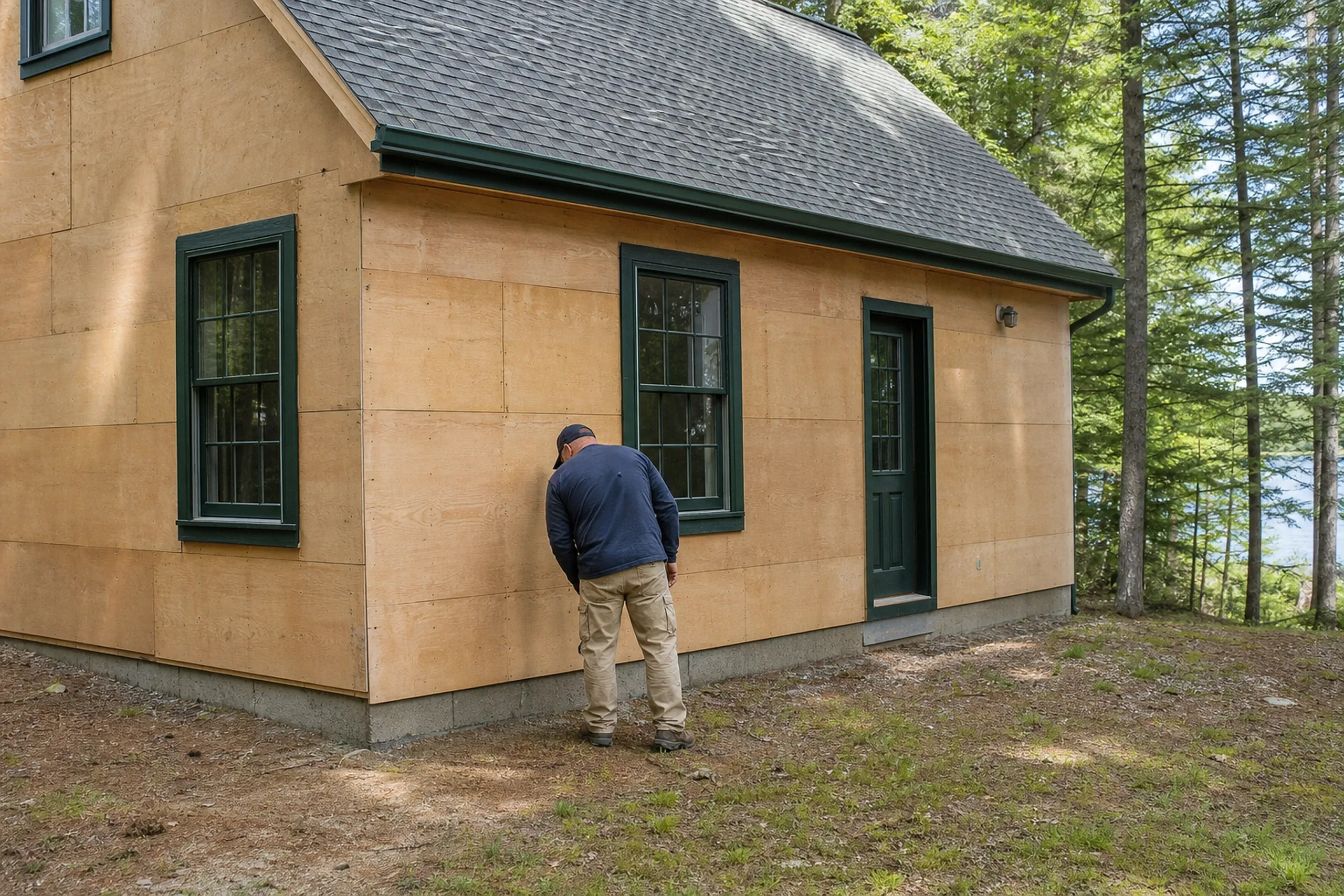 Casco cottage wall check: one installer seen from behind, examining the base of a cottage wall stripped to sheathing on a small wooded lot near the water, late spring.
