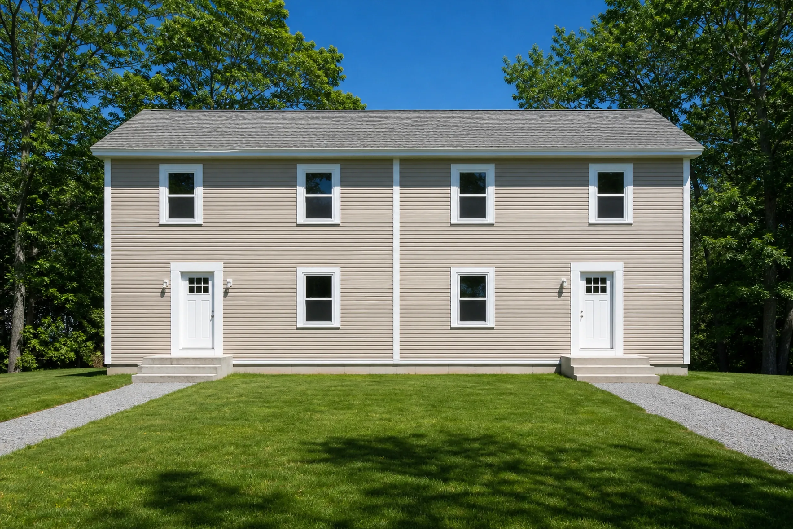 Vinyl lap siding on a Casco duplex: a 1970s side-by-side duplex in finished light tan vinyl lap, white corner posts and trim on both halves, lawn and oaks, early summer.