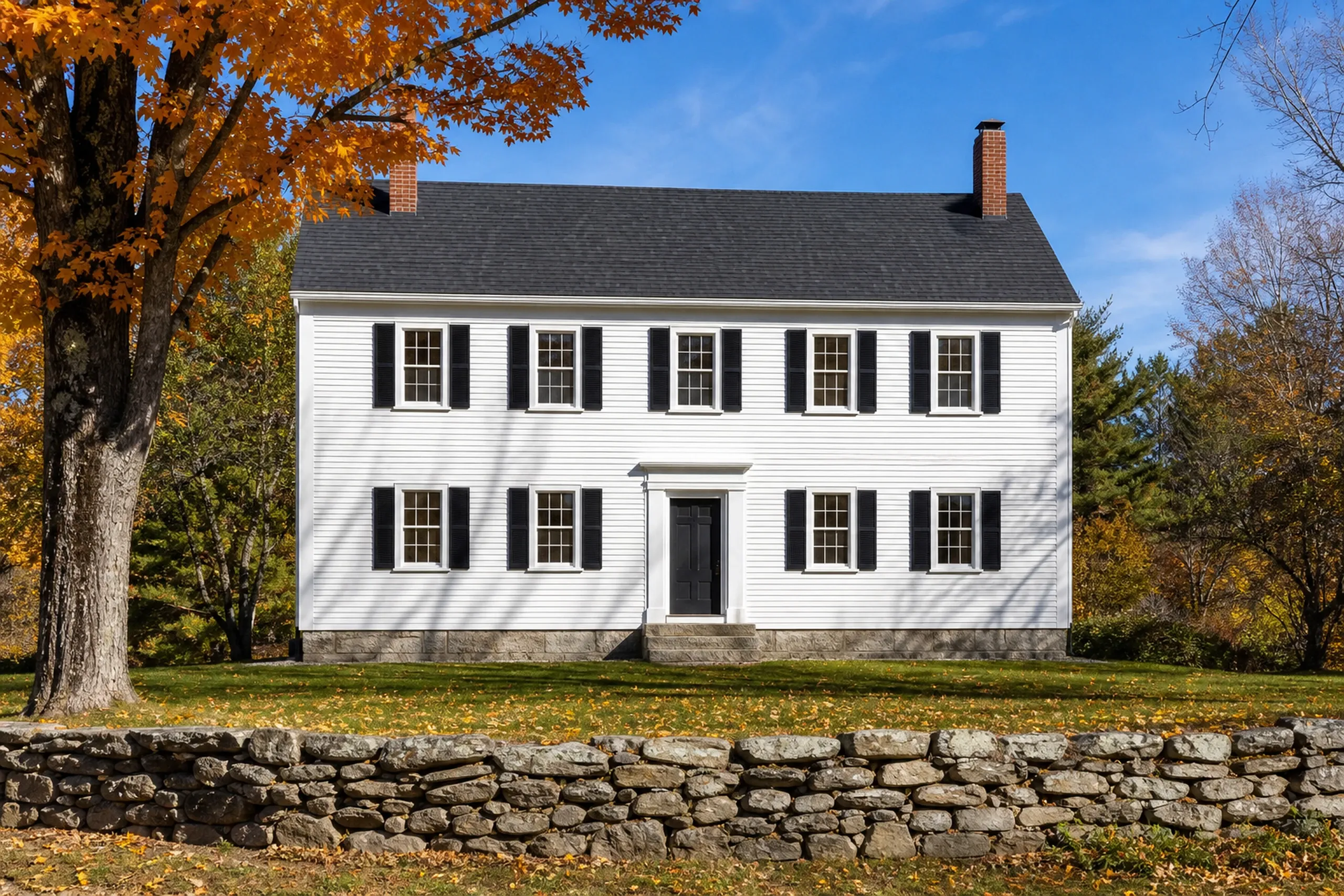 Re-sided Casco Village Federal house in October: A re-sided symmetrical Federal house with five windows across its front in Casco Village, white LP clapboard-profile lap siding with black shutters, a granite foundation and a paneled front door, a low stone wall and a sugar maple in full orange, cool clear October morning light.