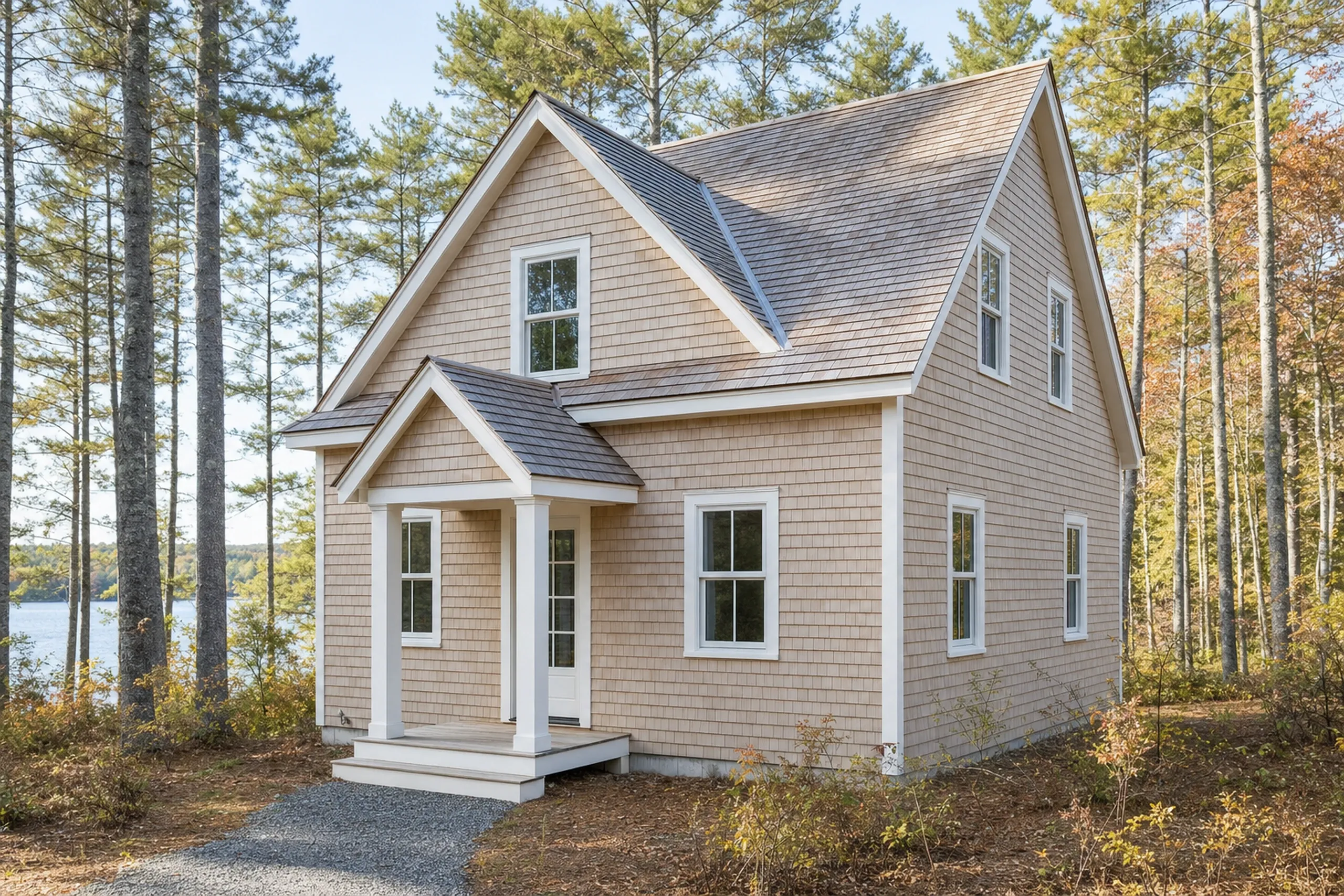 Siding replacement in Casco, ME: a year-round lake cottage on a small wooded lot in new cedar shingles weathering toward silver-gray, crisp white trim, pines, a hint of pond, fall.