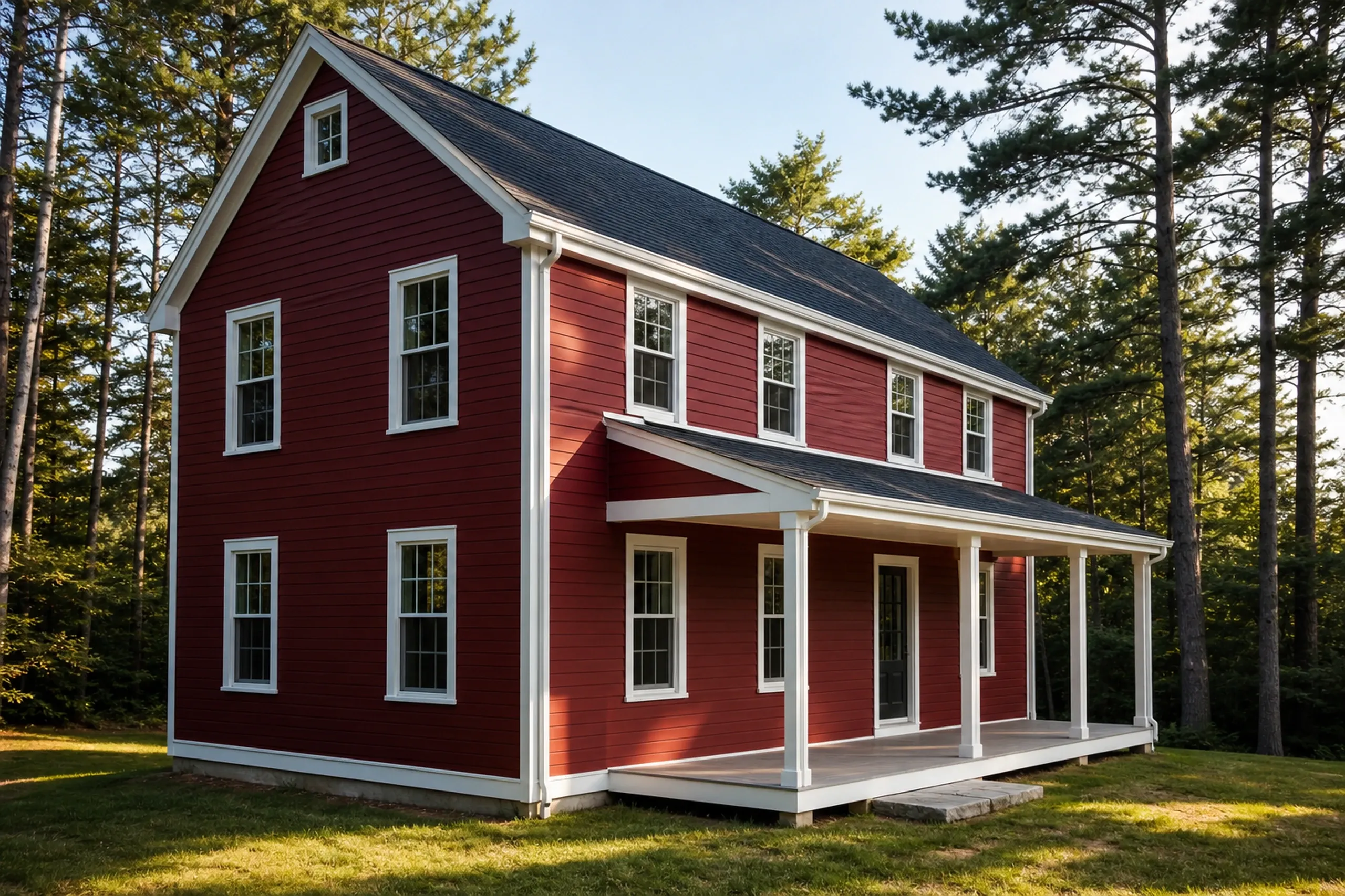 LP SmartSide on a Casco lake house: a two-story year-round house in painted deep-red engineered wood lap, white trim, kick-out flashing at a porch roof, pines, late summer.