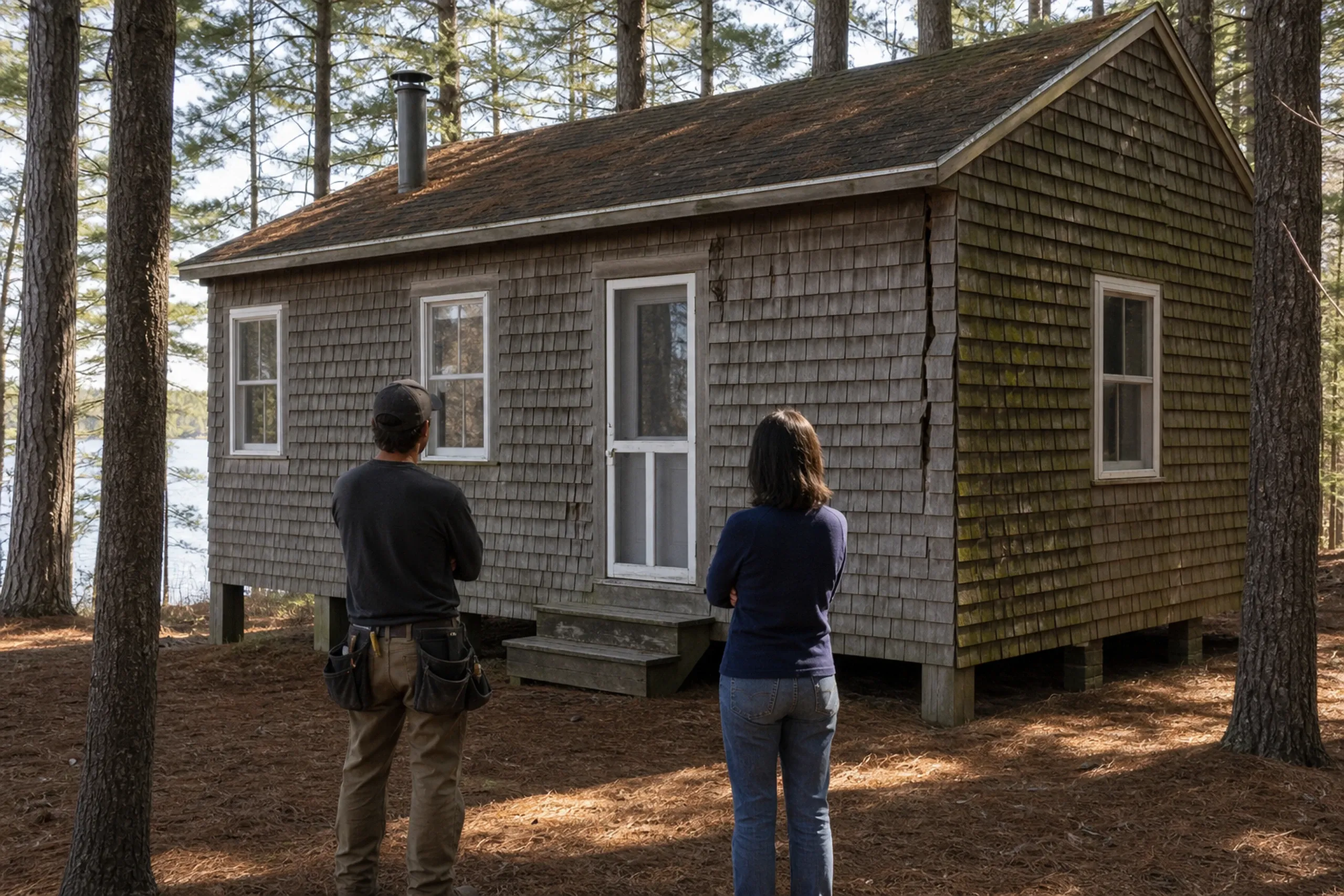 Casco siding first visit at a camp on posts: On a clear late-spring morning, two people, a siding installer and a homeowner, seen from behind, stand at the edge of a pine grove facing a small camp raised on short wooden posts, its old cedar shingles cupped and curling, green moss on the shaded side and a split near the door.