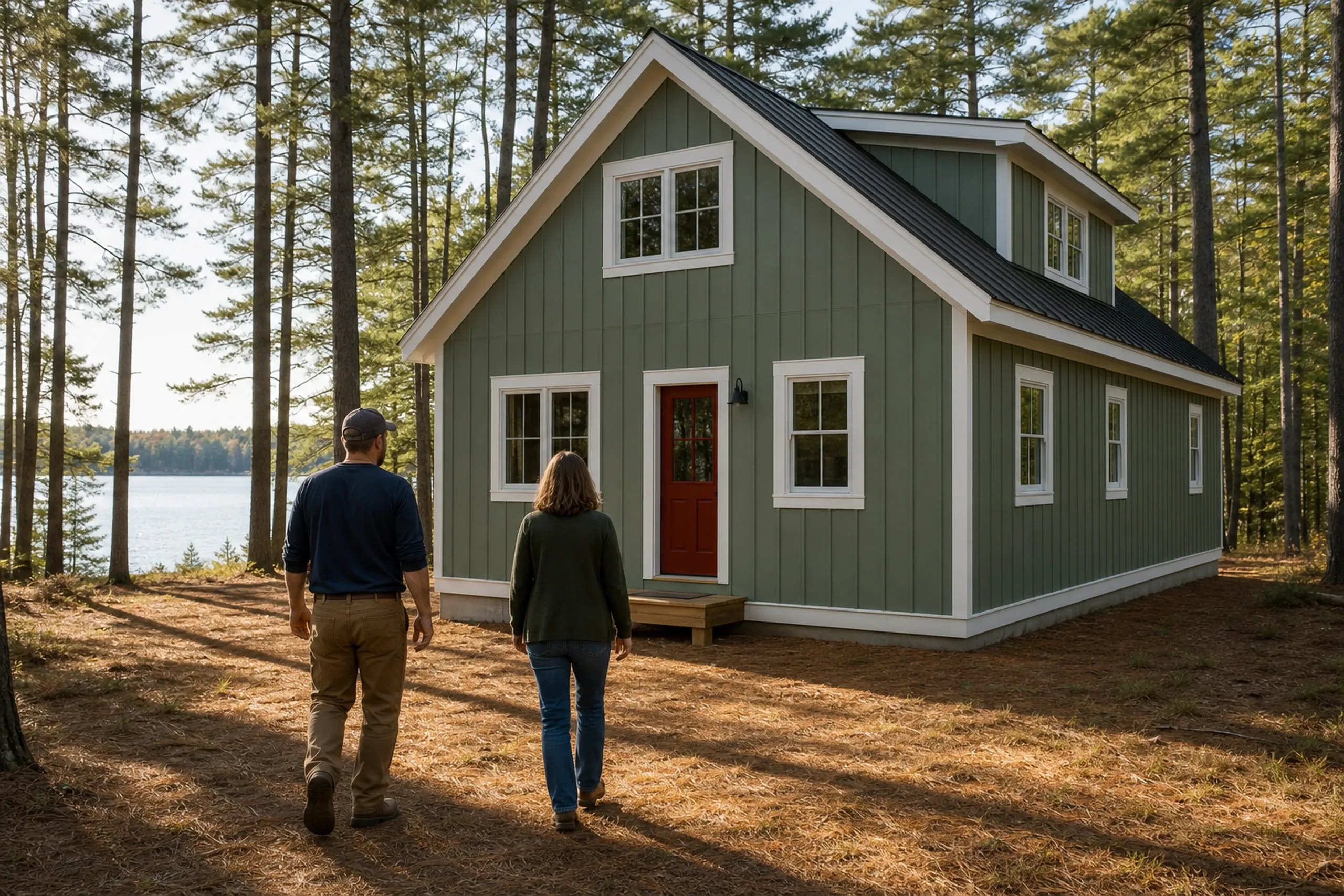 Casco siding final walkaround at a lake camp: In crisp early-autumn light, two people, a siding installer and a homeowner, seen from behind, walk a pine-needle path toward a re-sided lake camp finished in sage-green LP board-and-batten with white trim and a cherry-red door, the lake showing as a bright strip between the pines.