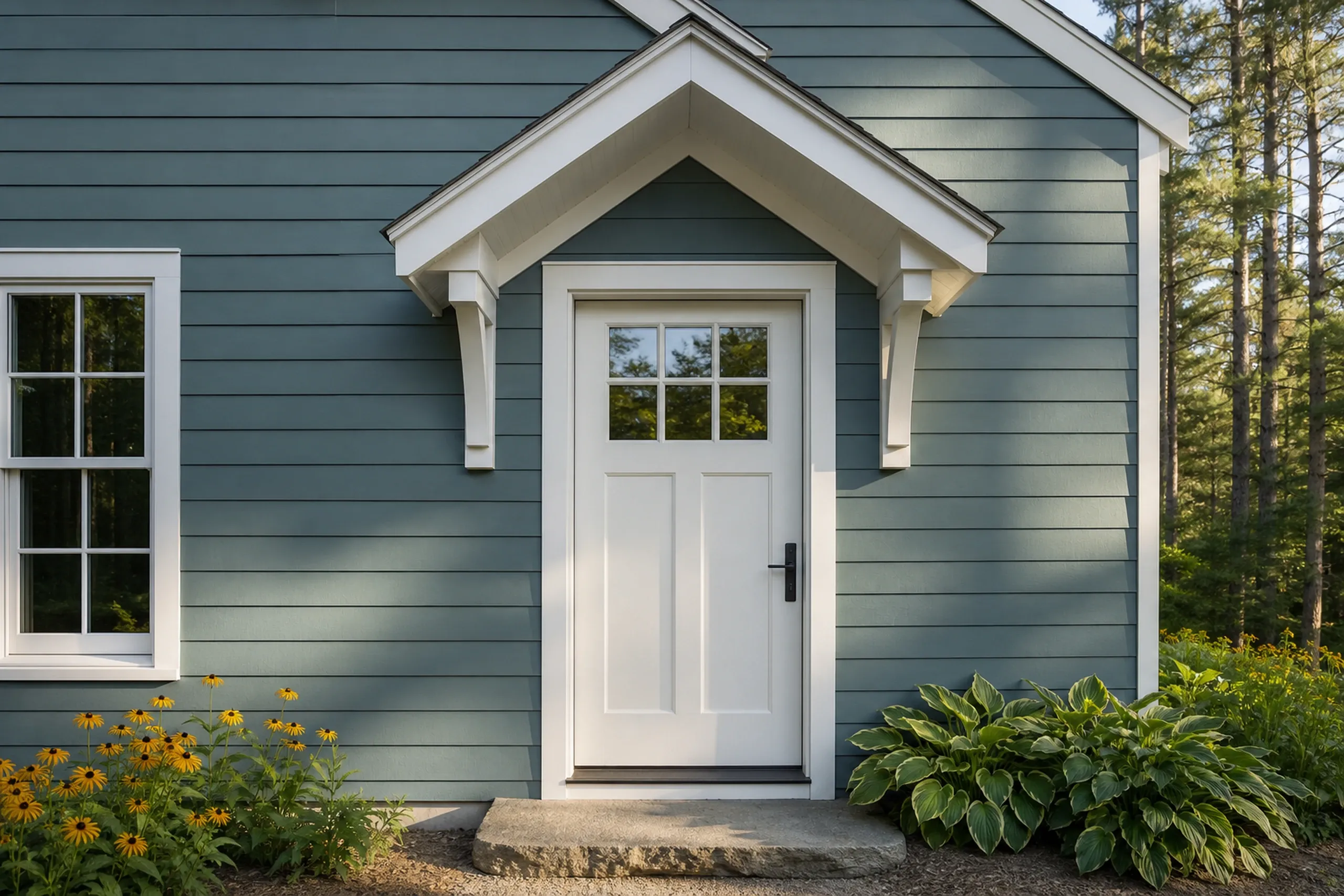 Casco re-sided lake cottage front entry: The front entry of a re-sided lake cottage, dusty teal fiber cement lap around a white door beneath a small gabled hood, white trim, a flat fieldstone step, black-eyed Susans and a hosta bed, tall pines behind, warm late-afternoon summer light, shot vertically, seen straight on.
