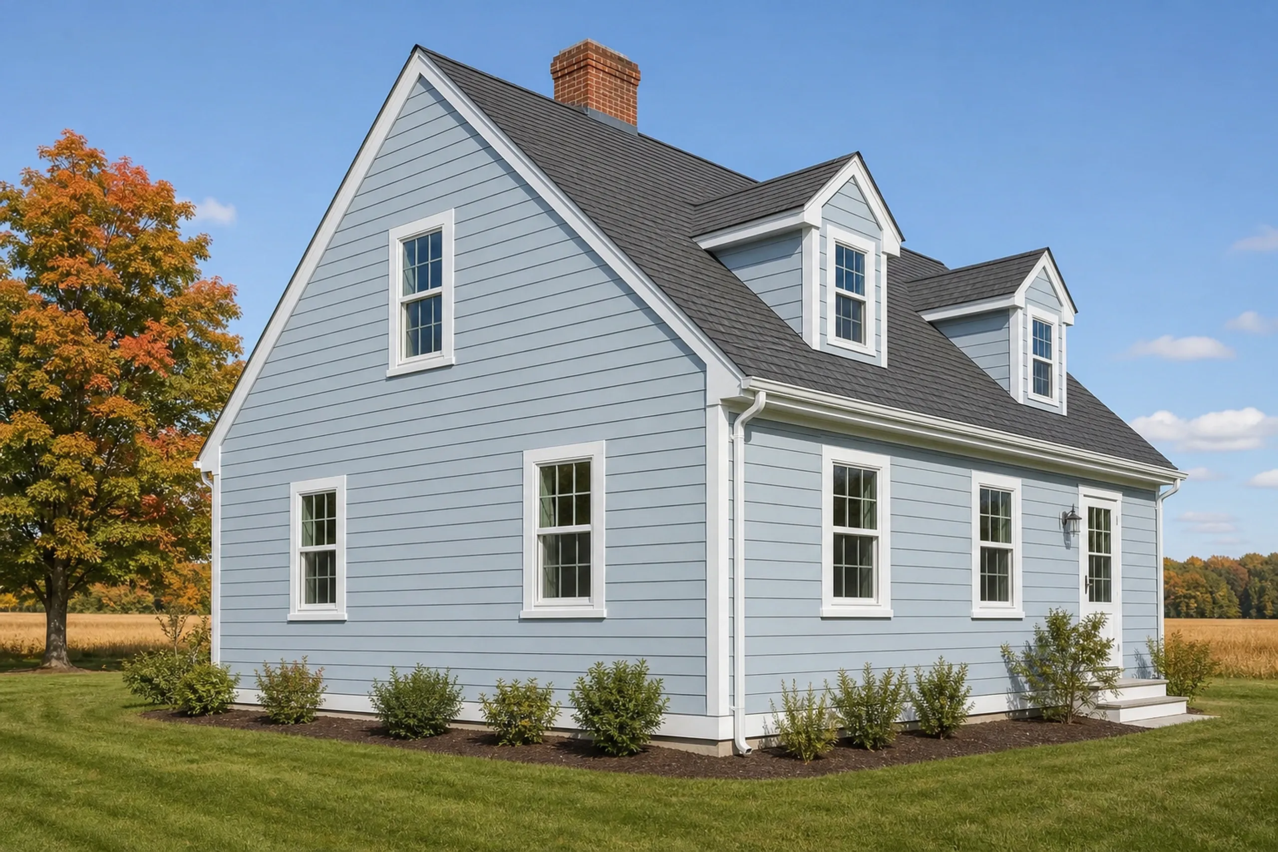 LP SmartSide on a Durham cape: a story-and-a-half cape with freshly painted pale blue engineered wood lap siding and white trim, an open field behind, early fall.