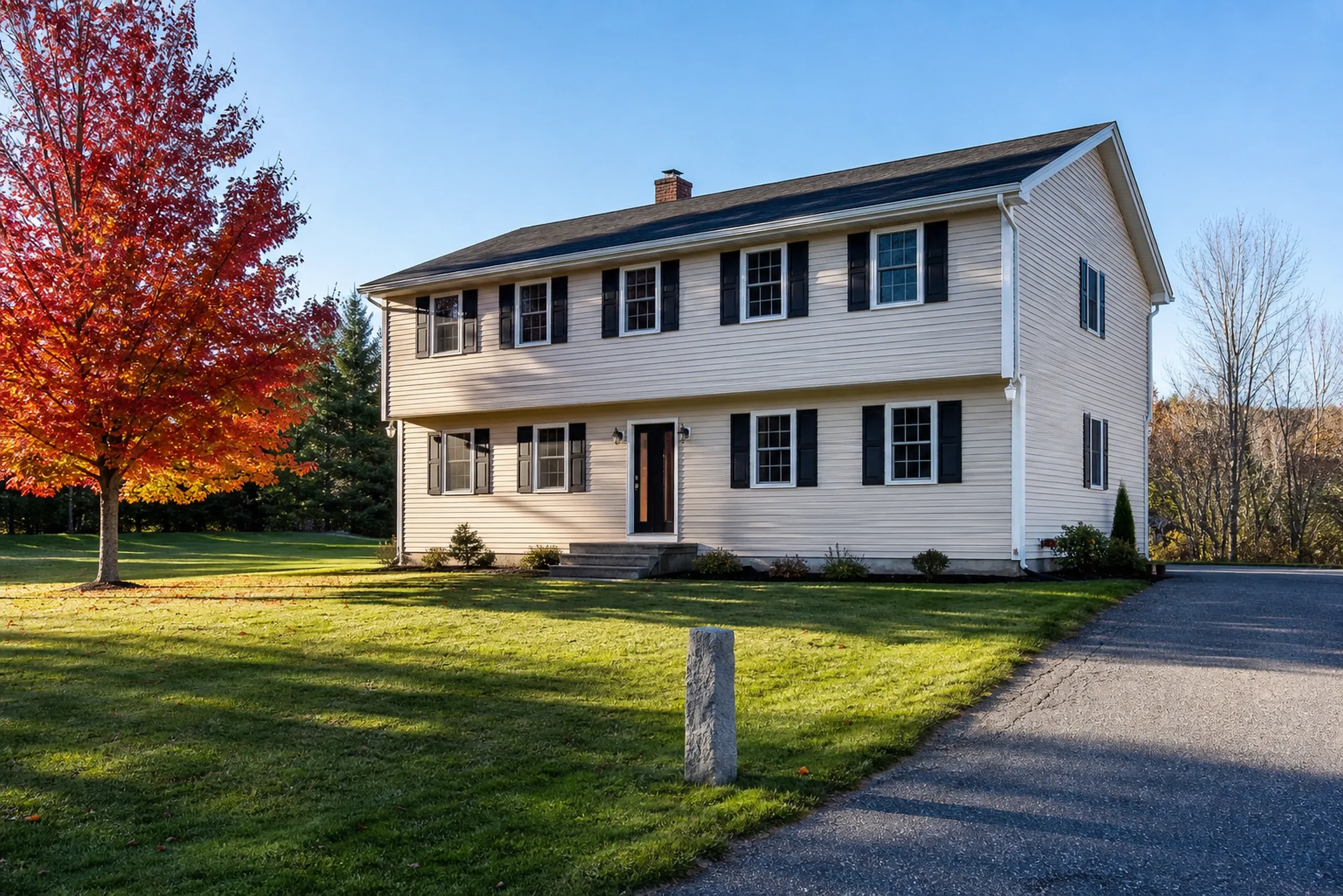 Re-sided Durham garrison colonial in October: A re-sided 1970s garrison colonial with its second story overhanging the first, cream vinyl lap siding with black shutters and white corner posts, a mown lawn, a granite fence post and one red maple in full color, cool clear October morning light.