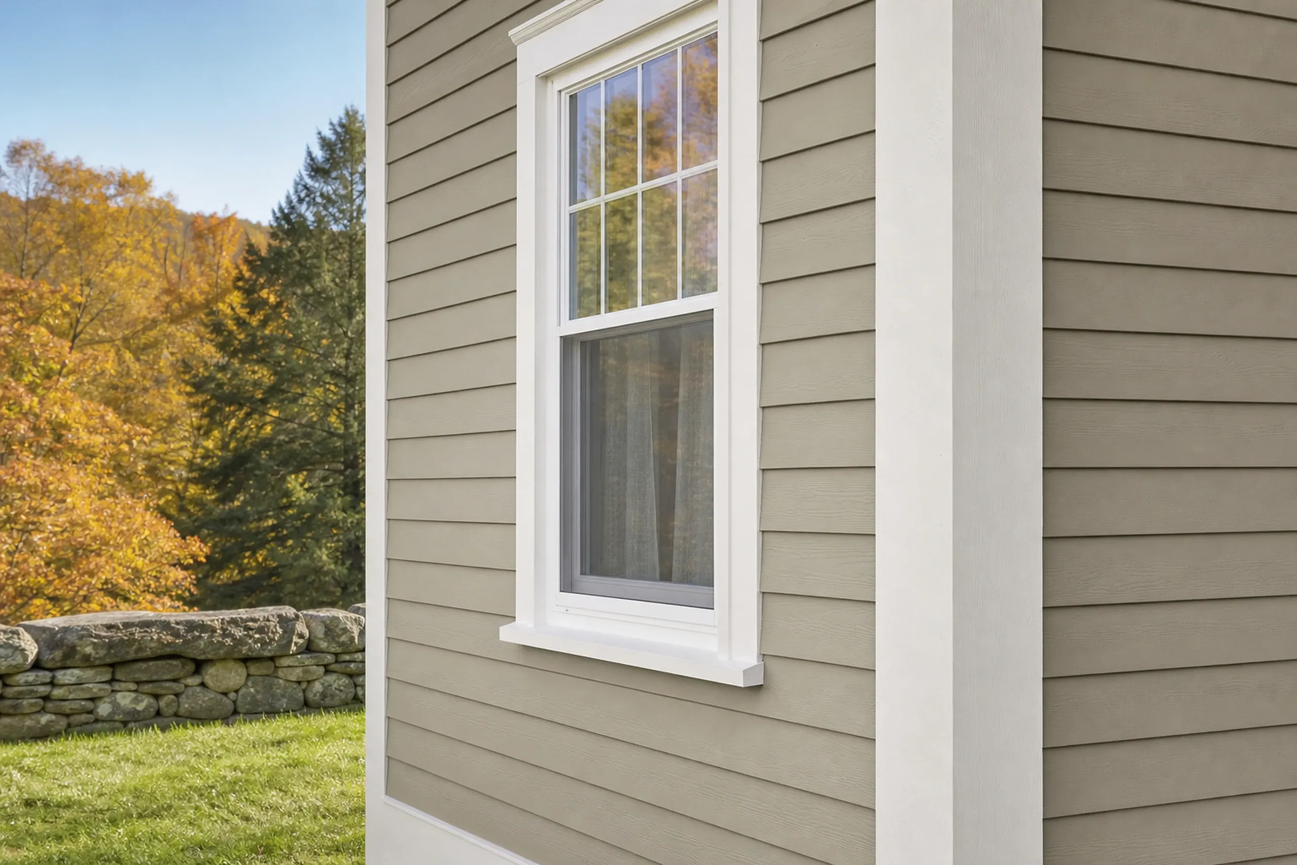 Fiber cement siding on a Durham colonial: close view of khaki fiber cement lap boards meeting a wide white corner board and window casing, a stone wall and trees beyond, autumn.