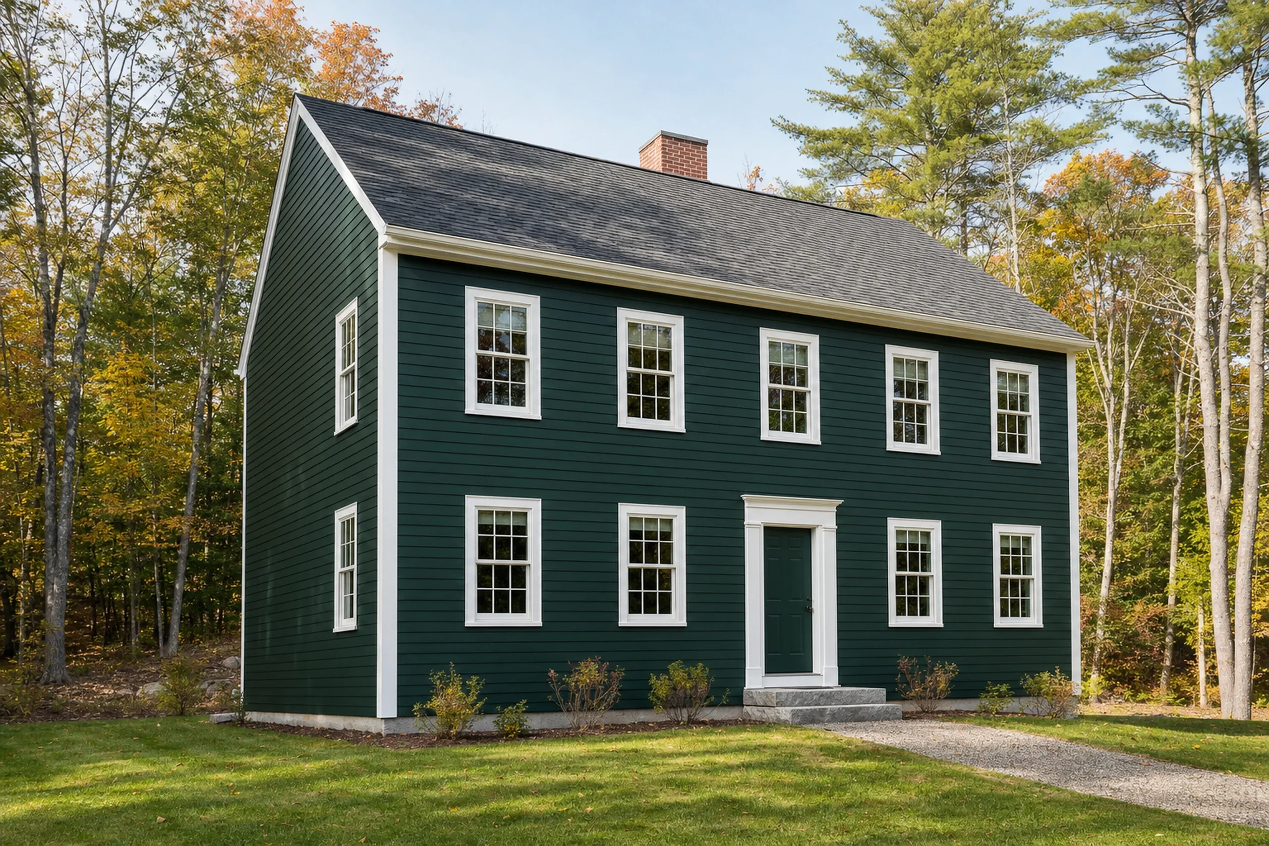 Siding replacement in Durham, ME: a two-story colonial on a wooded rural lot with finished deep green fiber cement lap siding, crisp white trim and corner boards, early fall.