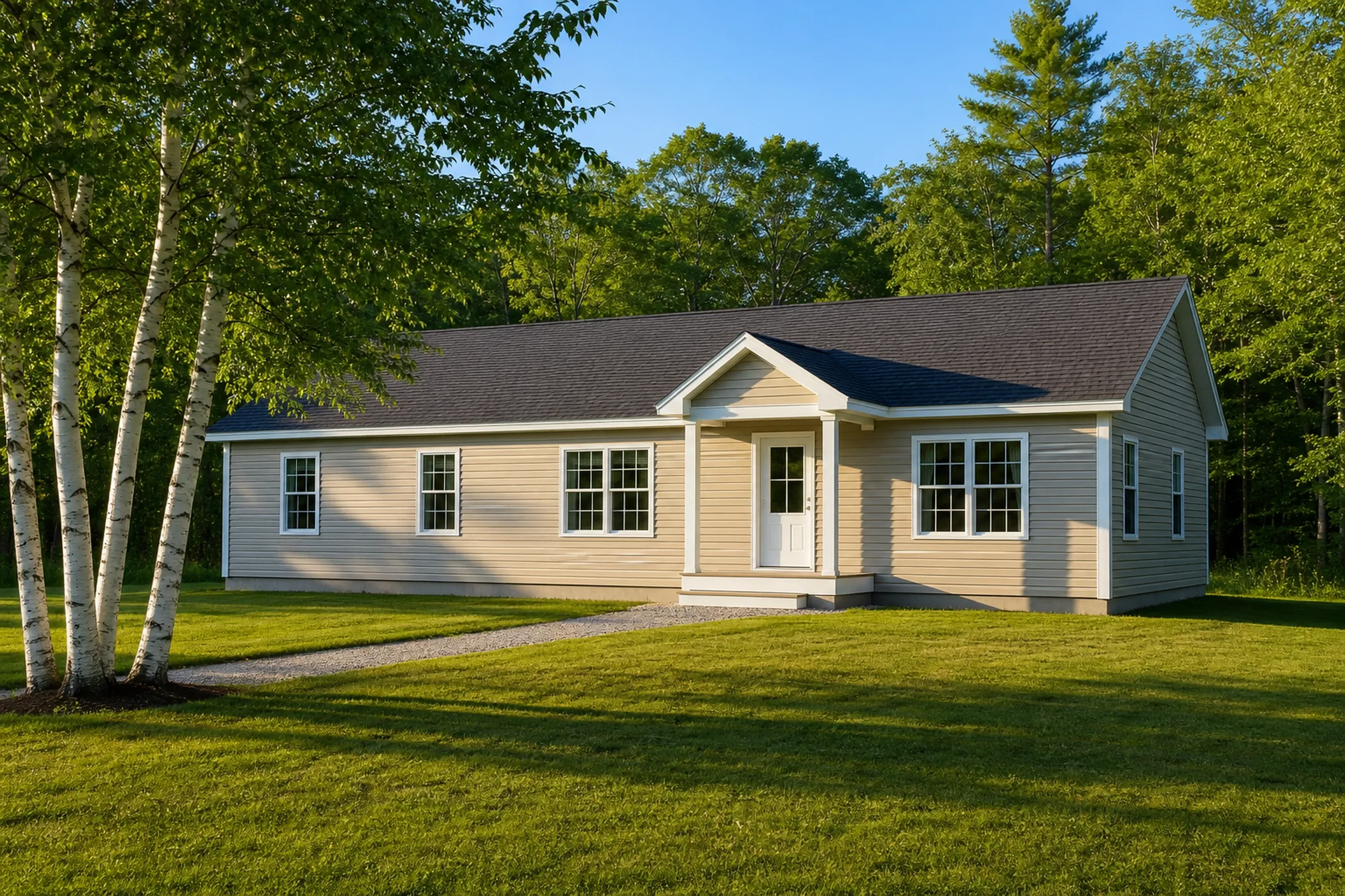 Vinyl siding on a Durham 1970s ranch: a one-story ranch with finished beige vinyl lap siding, white trim and corner posts, a lawn edged by birches, summer.