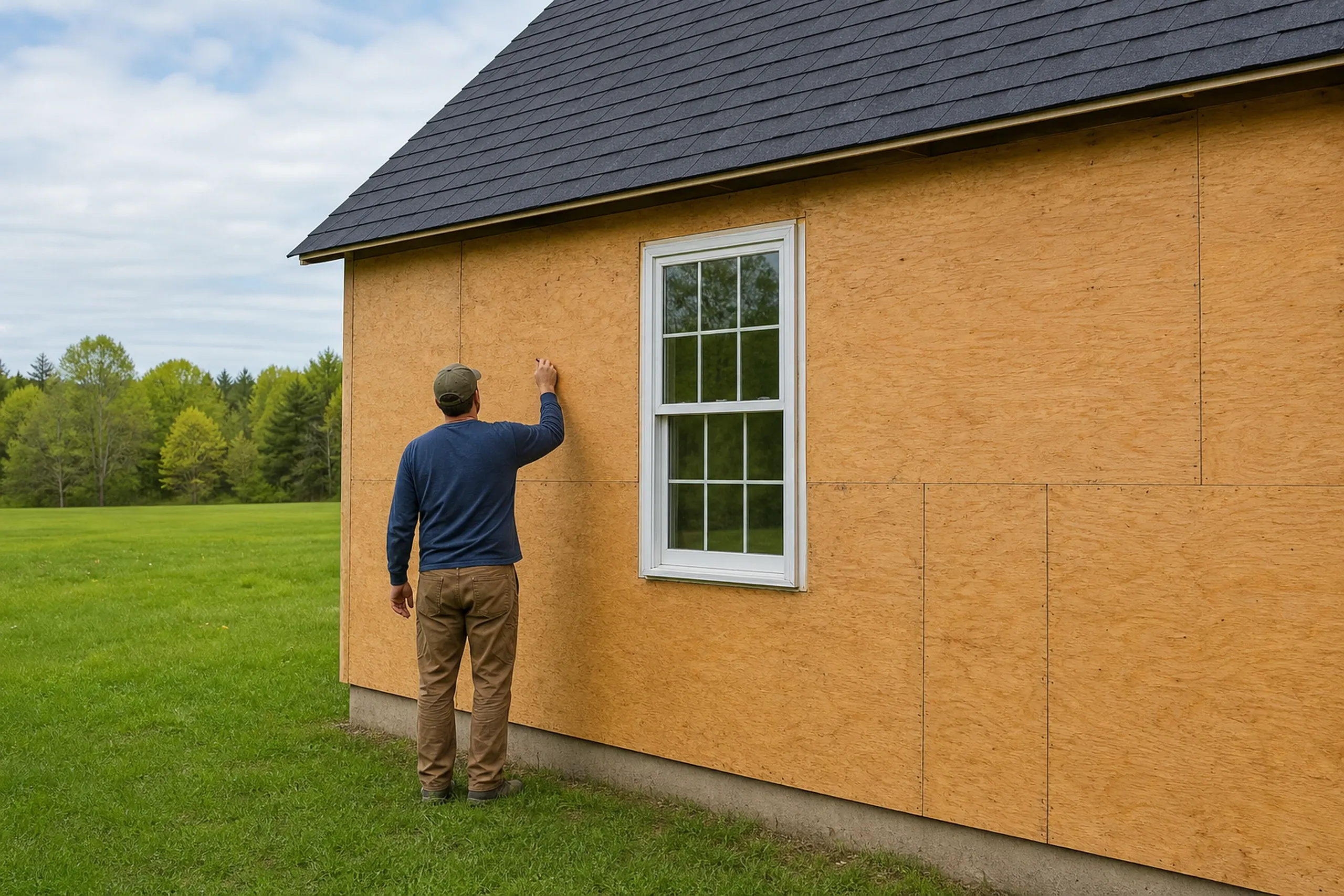 Durham sheathing check: one installer seen from behind, tapping bare sheathing beside a window on a cape wall stripped of its old siding, an open field behind, late spring.