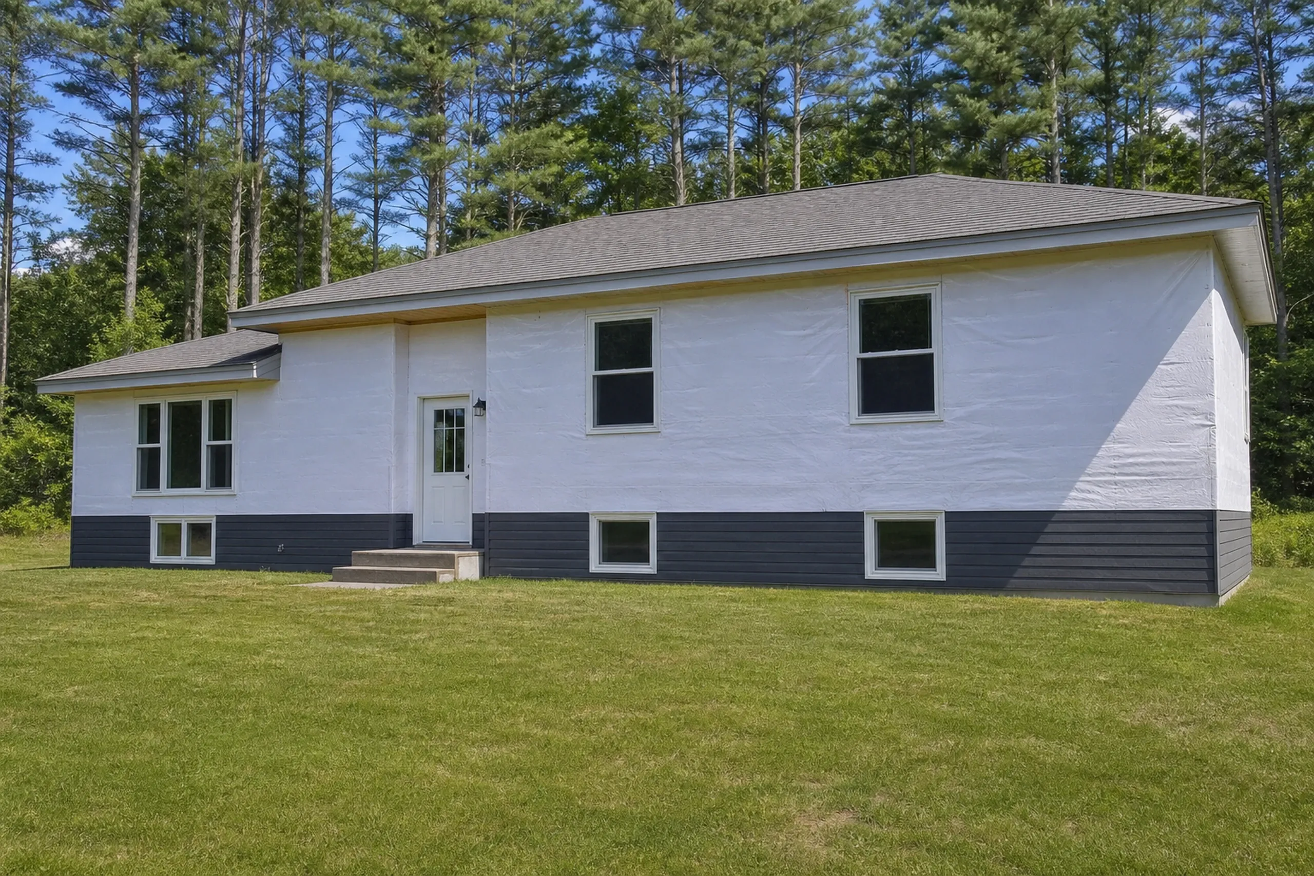 Durham starter strip and first vinyl row on a split-level: A 1970s split-level wall in-progress at the starter strip and first row of vinyl stage, one straight row of charcoal-gray vinyl lap locked along the base with plain white housewrap covering the wall above it, a stand of white pines beyond, bright early-summer afternoon light.