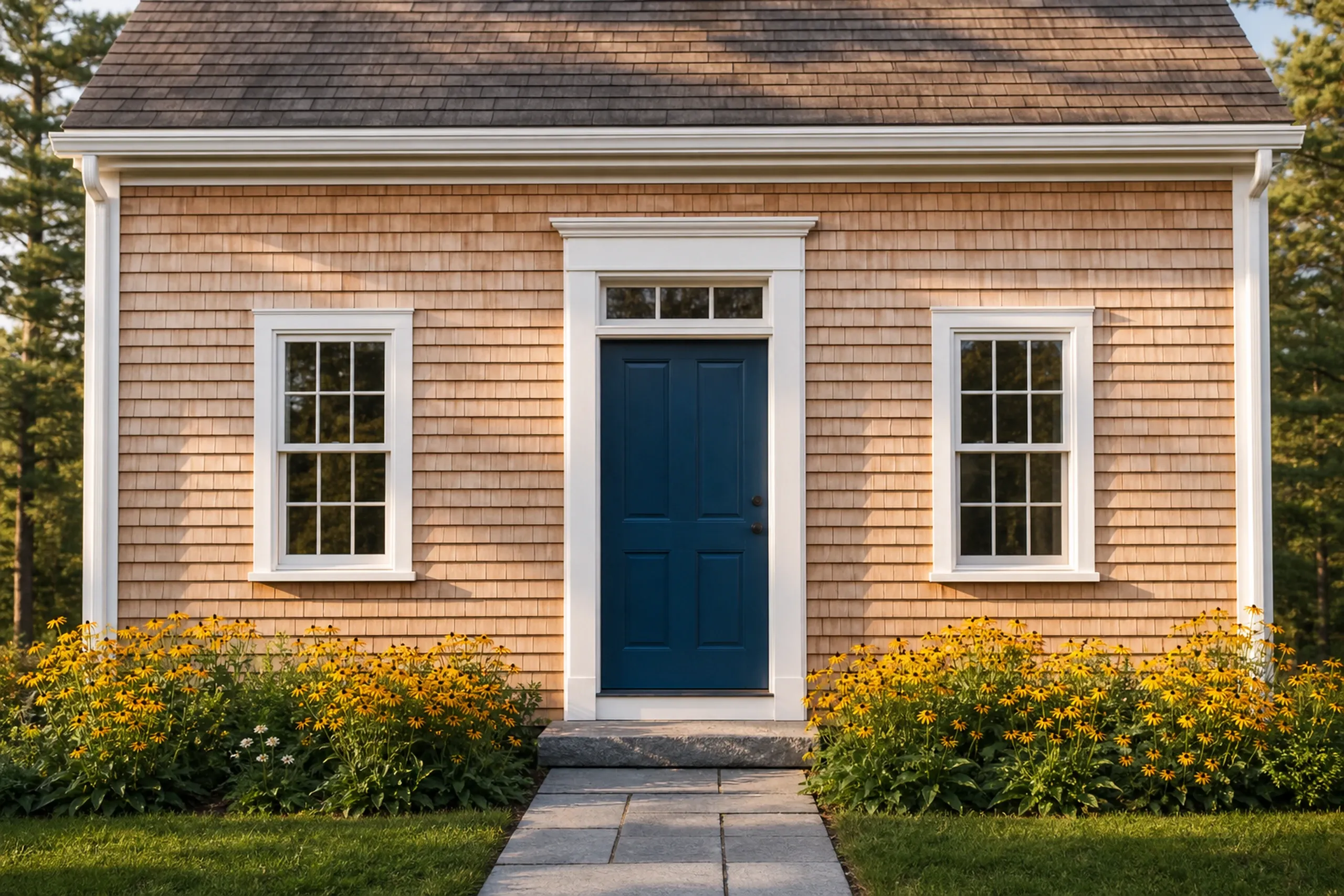 Durham re-sided Cape front entry: The front entry of a re-sided Durham Cape, natural cedar shingles softening toward silver around a deep blue paneled door with a small transom, white trim, a flat granite step and black-eyed Susans beside the walk, warm late-afternoon summer light, framed vertically and seen straight on.