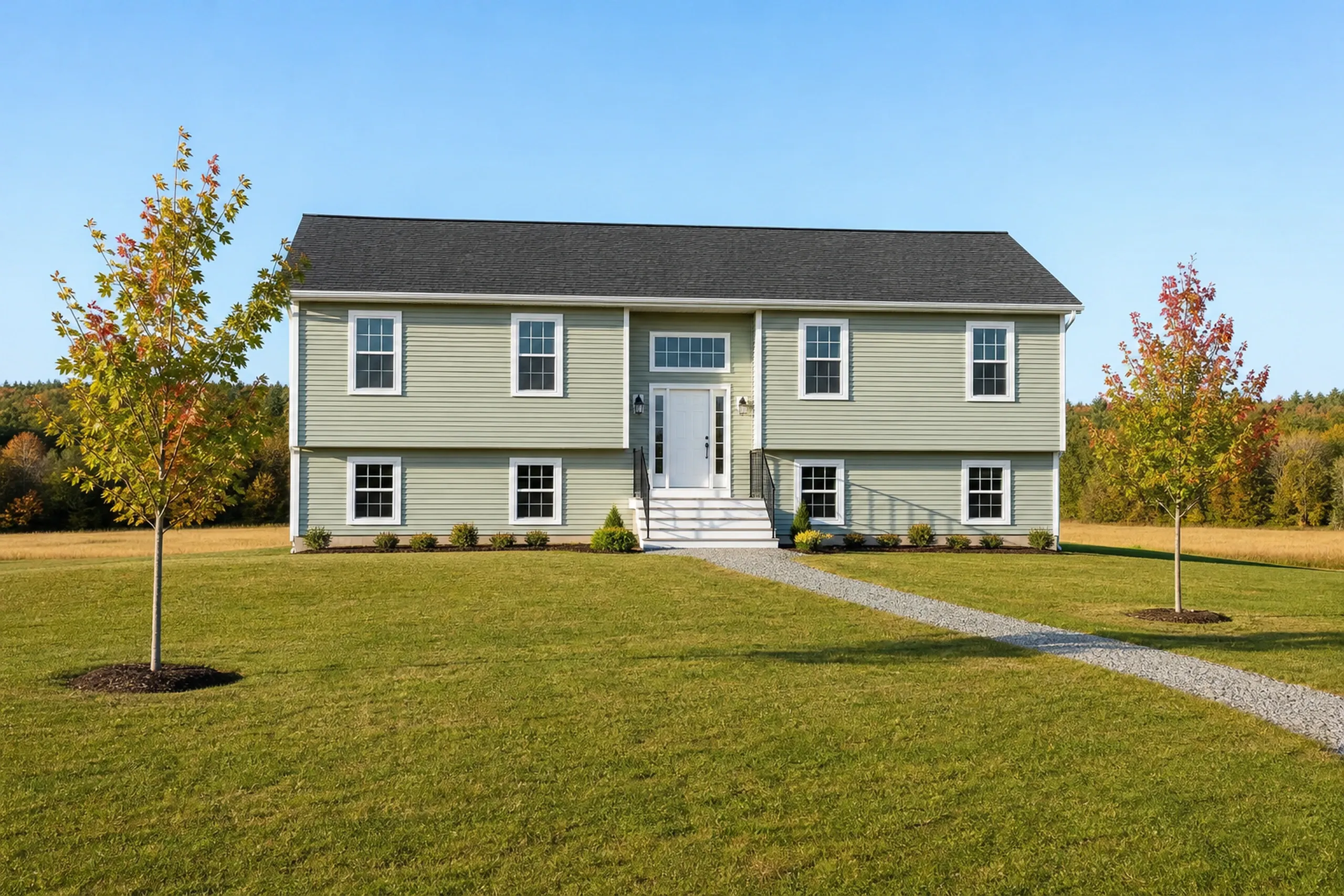 Vinyl siding on a Greene 1970s raised ranch: a raised ranch on a rural lot with finished light sage vinyl lap siding, white trim and corner posts, a split-level front entry and young maples, early fall.