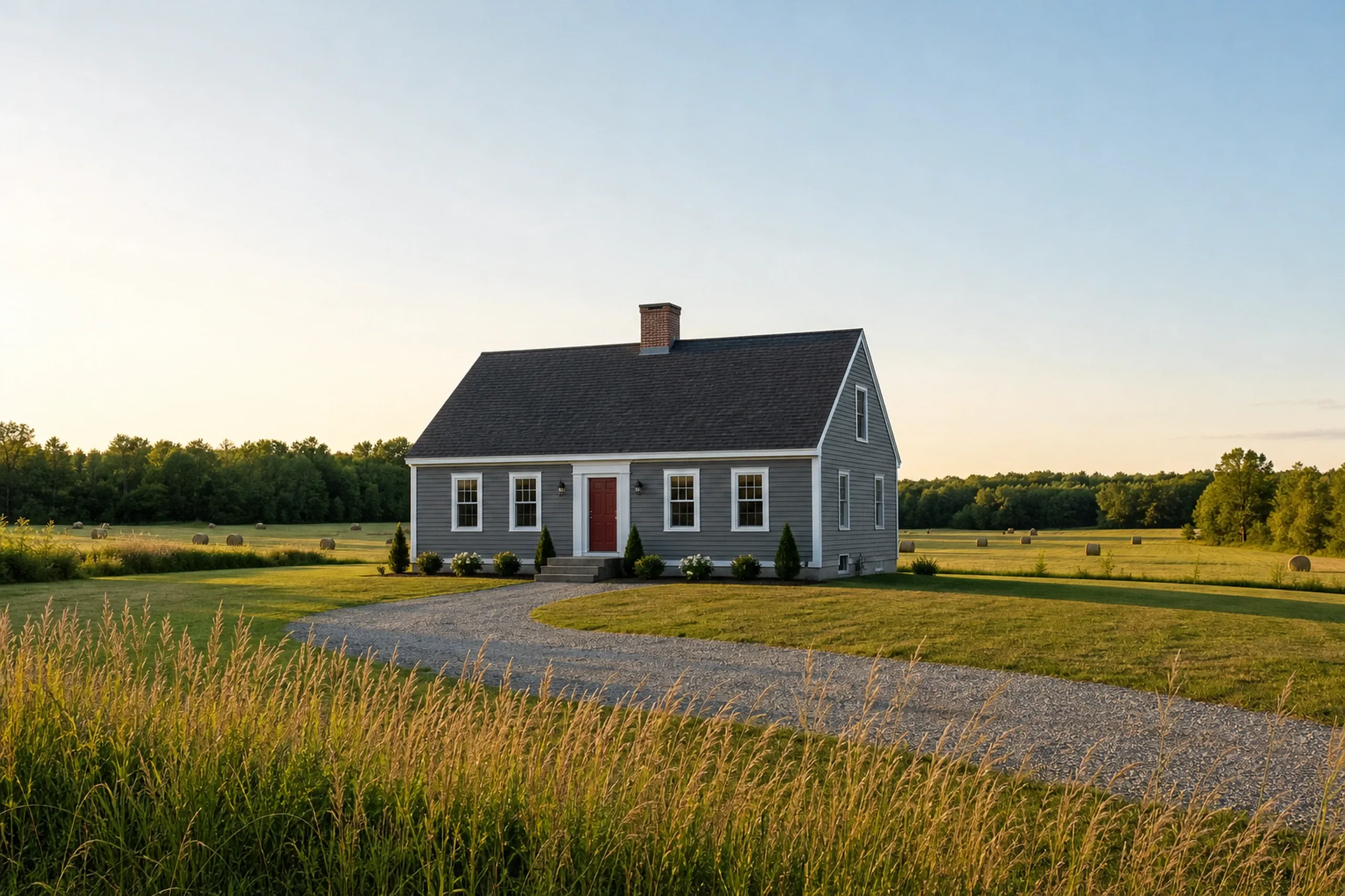 Re-sided Greene cape facing an open hayfield: A re-sided Cape Cod house on open Greene farmland, finished in slate-gray vinyl lap with white trim and a red door, a mown hayfield with round bales running to a line of maples and tall roadside grass leaning in a light breeze, warm late-afternoon summer light.