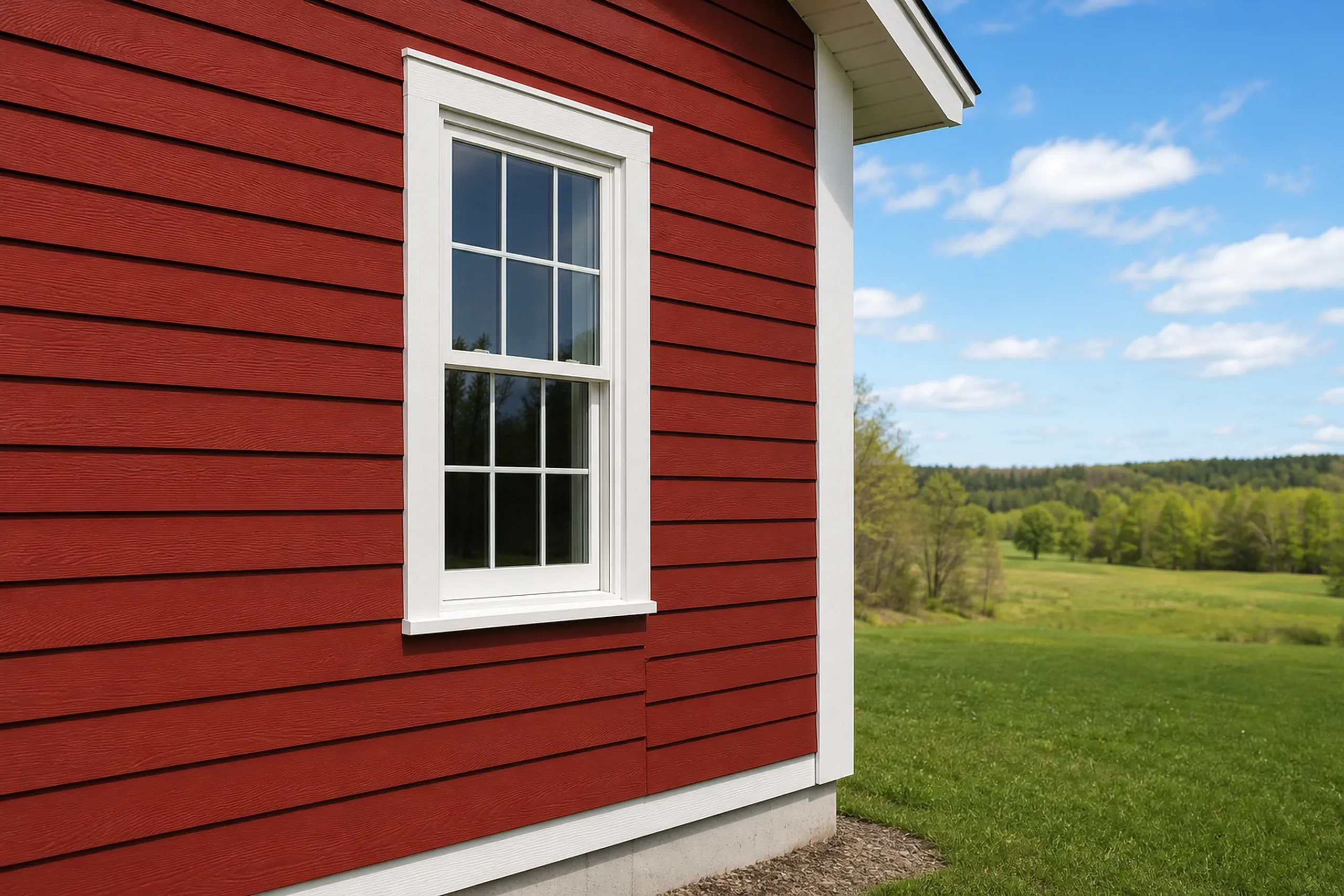 LP lap siding on a Greene farmhouse: close view of painted engineered wood lap boards in barn red meeting a wide white corner board and window casing on a two-story farmhouse, an open field showing past the corner, late spring.