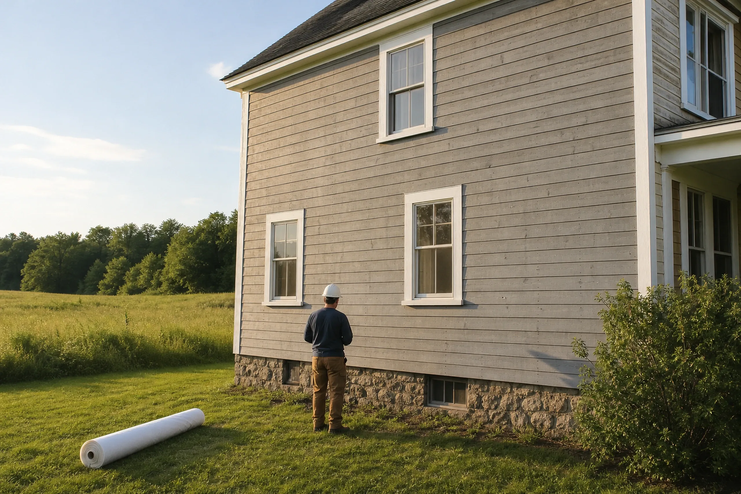 Greene farmhouse wall check: one installer seen from behind, standing at the foot of a side wall stripped to board sheathing on a two-story farmhouse beside an open hayfield, studying the lowest boards, a roll of plain unmarked housewrap on the grass, early summer.
