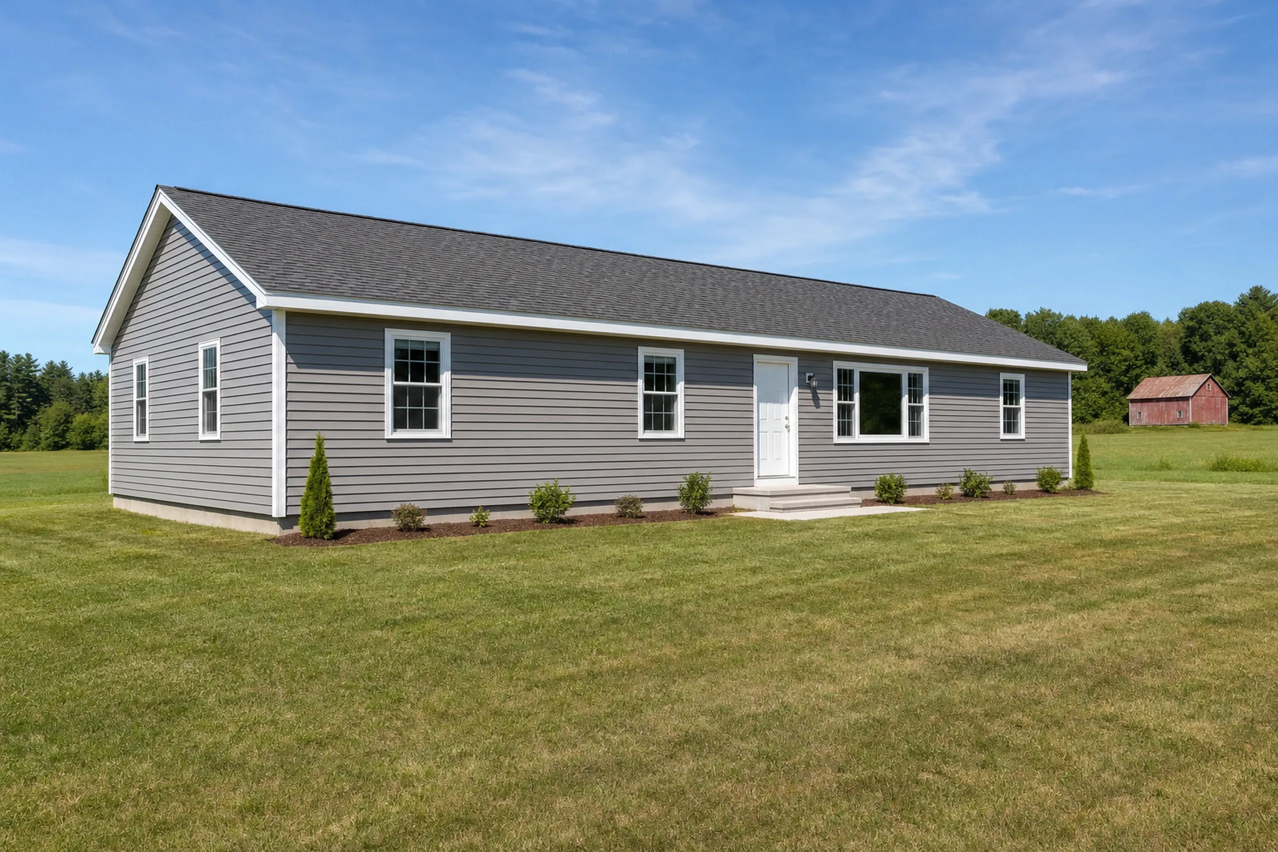 Siding replacement in Greene, ME: a 1970s ranch on an open field lot finished in new warm gray vinyl lap siding with crisp white trim and corner posts, a weathered red barn well behind it and a row of maples, late summer.