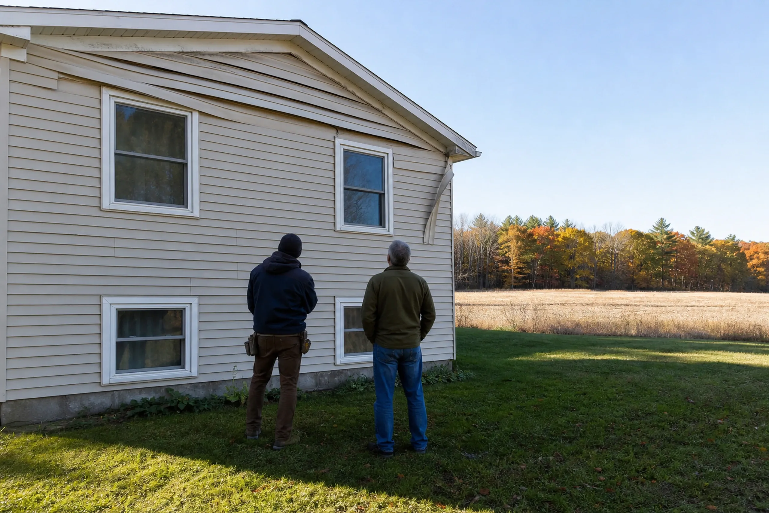 Greene siding first visit at a 1960s split-level: On a cool clear October morning, two people, a siding installer and a homeowner, seen from behind, stand at the gable end of a 1960s split-level that faces an open hayfield and look at old vinyl panels lifted along the top edge and pulled loose at the corner.
